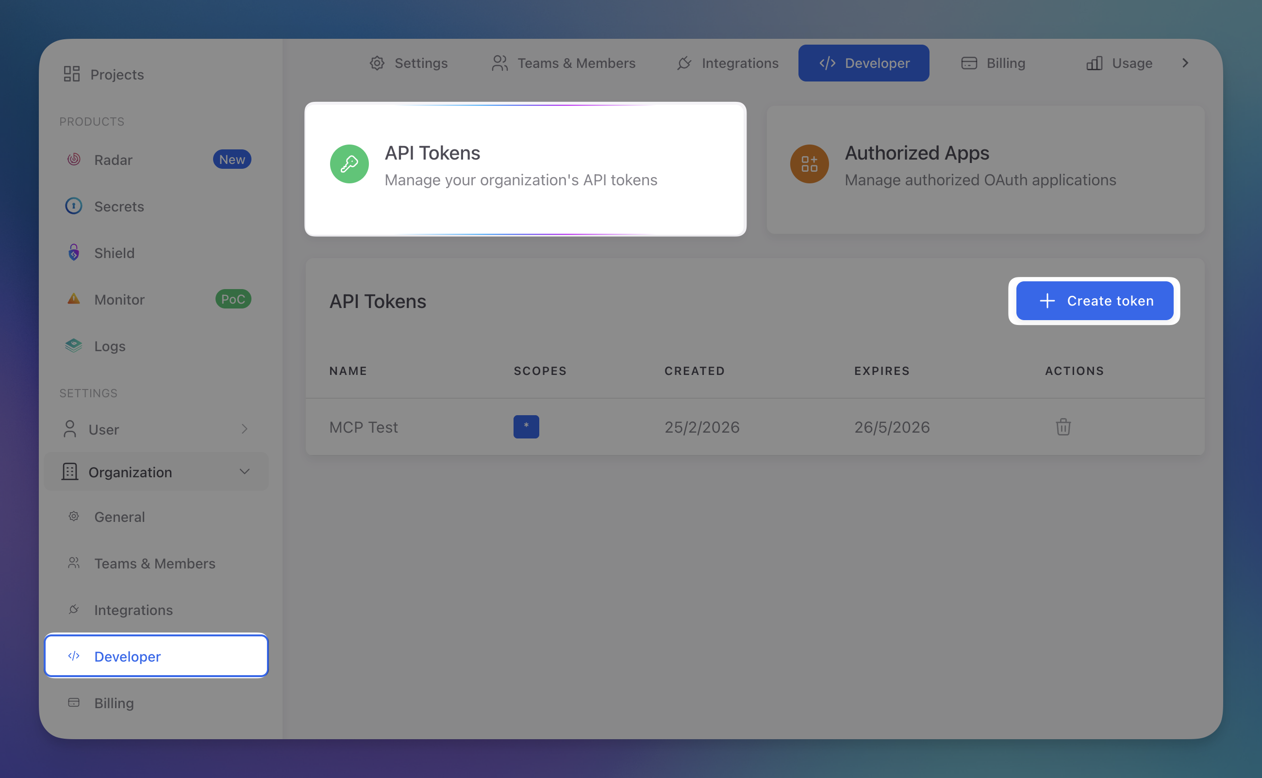 ByteHide Developer section showing the API Tokens panel