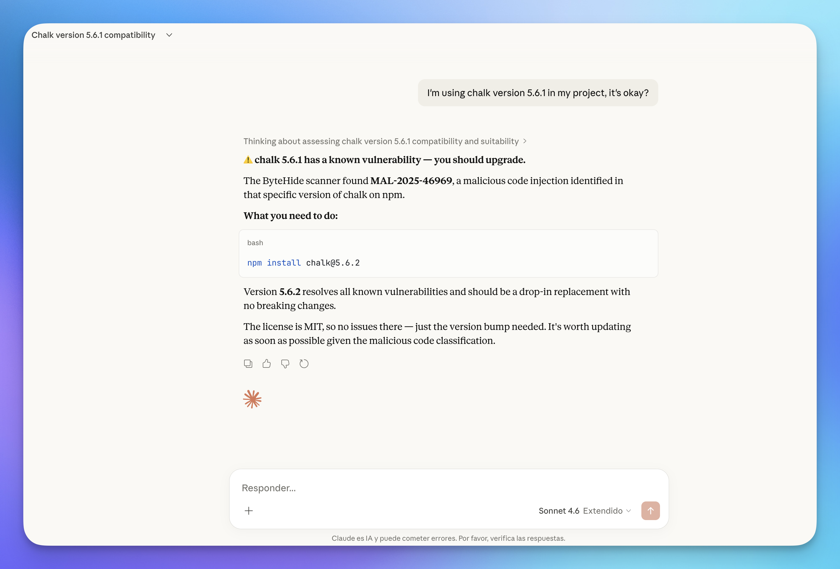 Claude responds that chalk 5.6.1 has a known vulnerability (MAL-2025-46969) and recommends upgrading to 5.6.2 with npm install chalk@5.6.2