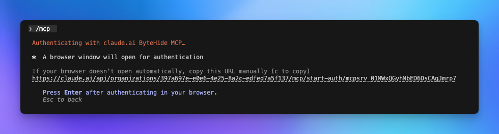 Claude Code CLI showing the MCP authentication flow with a browser URL to complete login