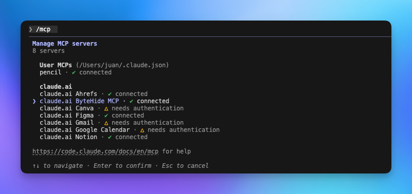 Claude Code /mcp command showing ByteHide MCP as a connected server