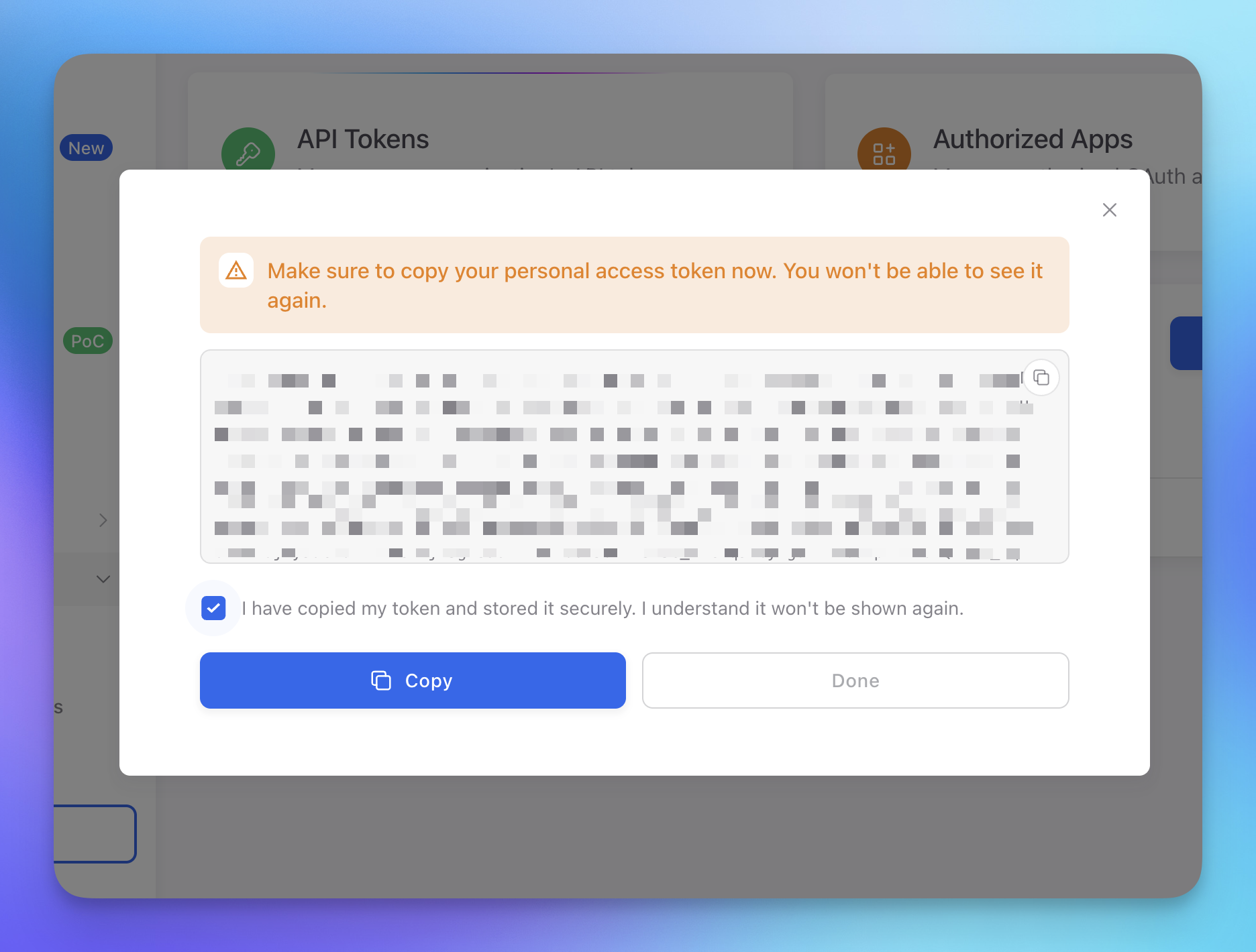 Token created successfully with a warning to copy it before closing