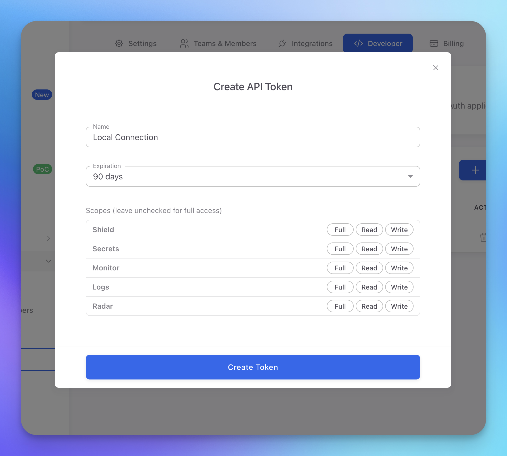 Create API Token dialog with name, expiration, and per-product scope selectors