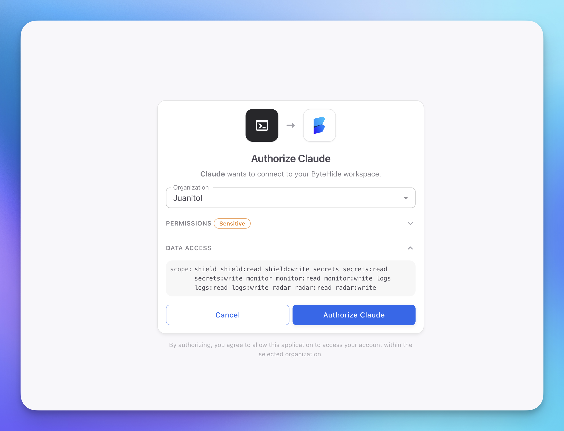 OAuth authorization page showing Claude requesting access to your ByteHide workspace with organization selector and scopes