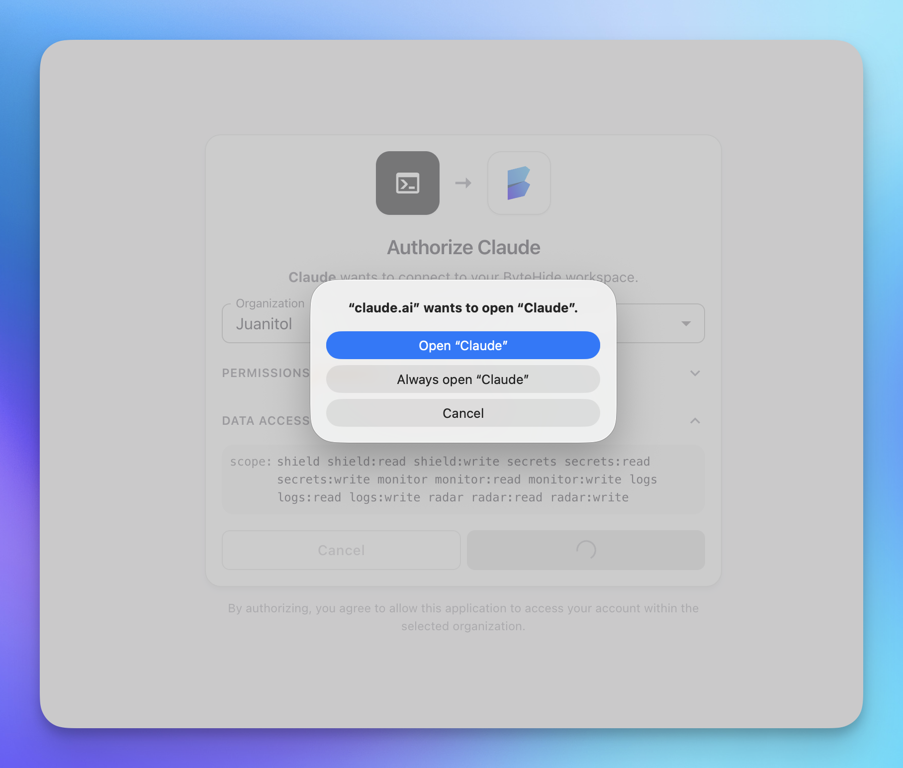 Browser prompt asking to open the Claude app after OAuth authorization