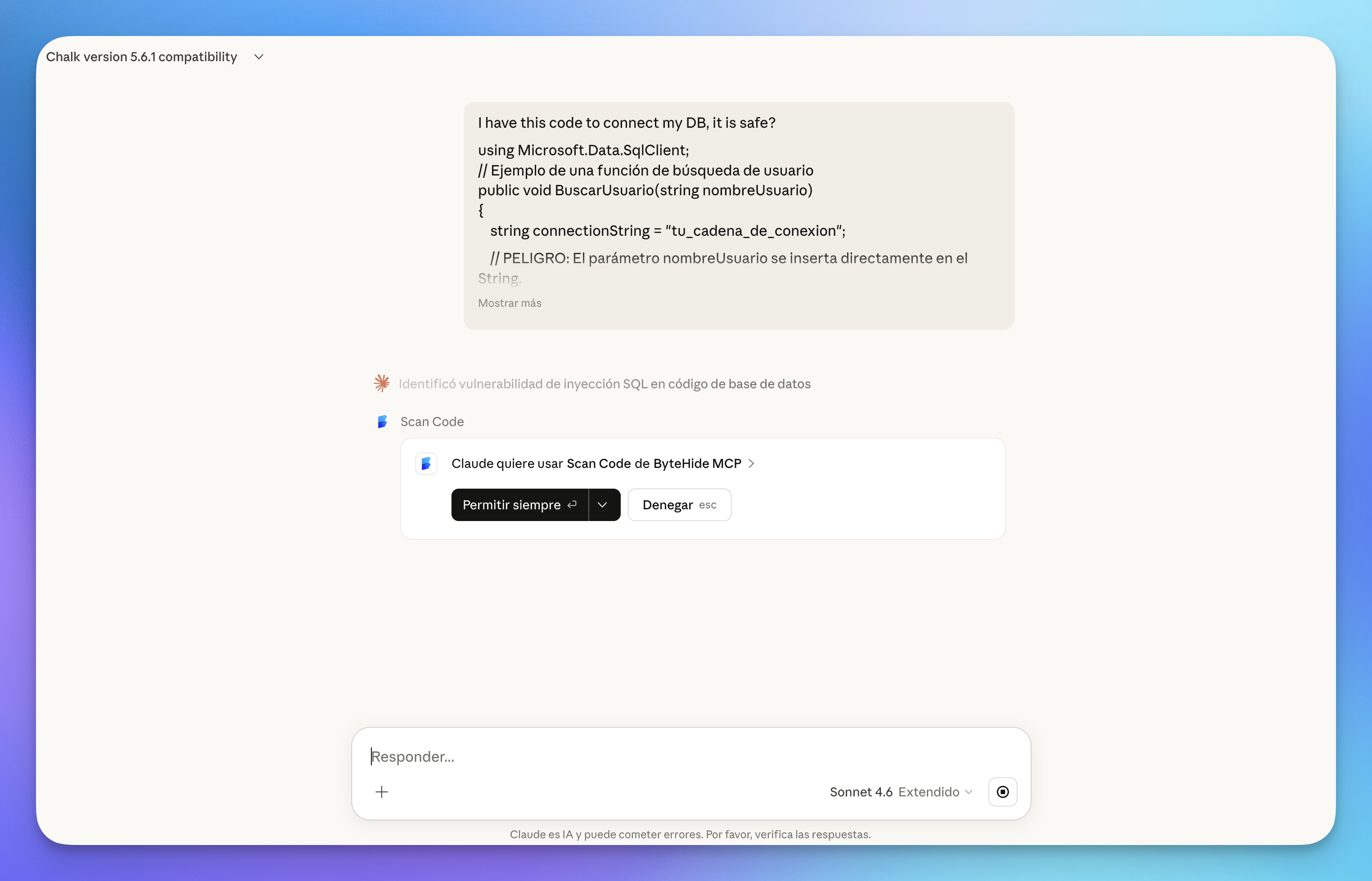 Sharing C# database code with Claude and asking "is it safe?" — Claude identifies a SQL injection risk and calls Scan Code from ByteHide MCP
