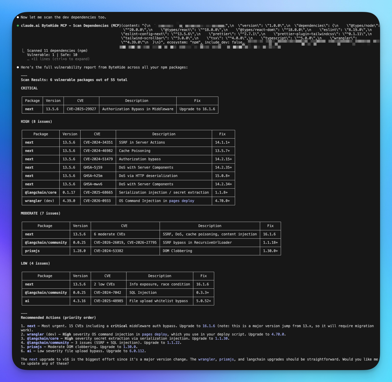 Claude Code CLI running scan_dependencies on a package.json, showing a full vulnerability report grouped by severity: 1 Critical, 8 High, 7 Moderate, 4 Low — with CVE details, affected versions, and recommended upgrades for each package