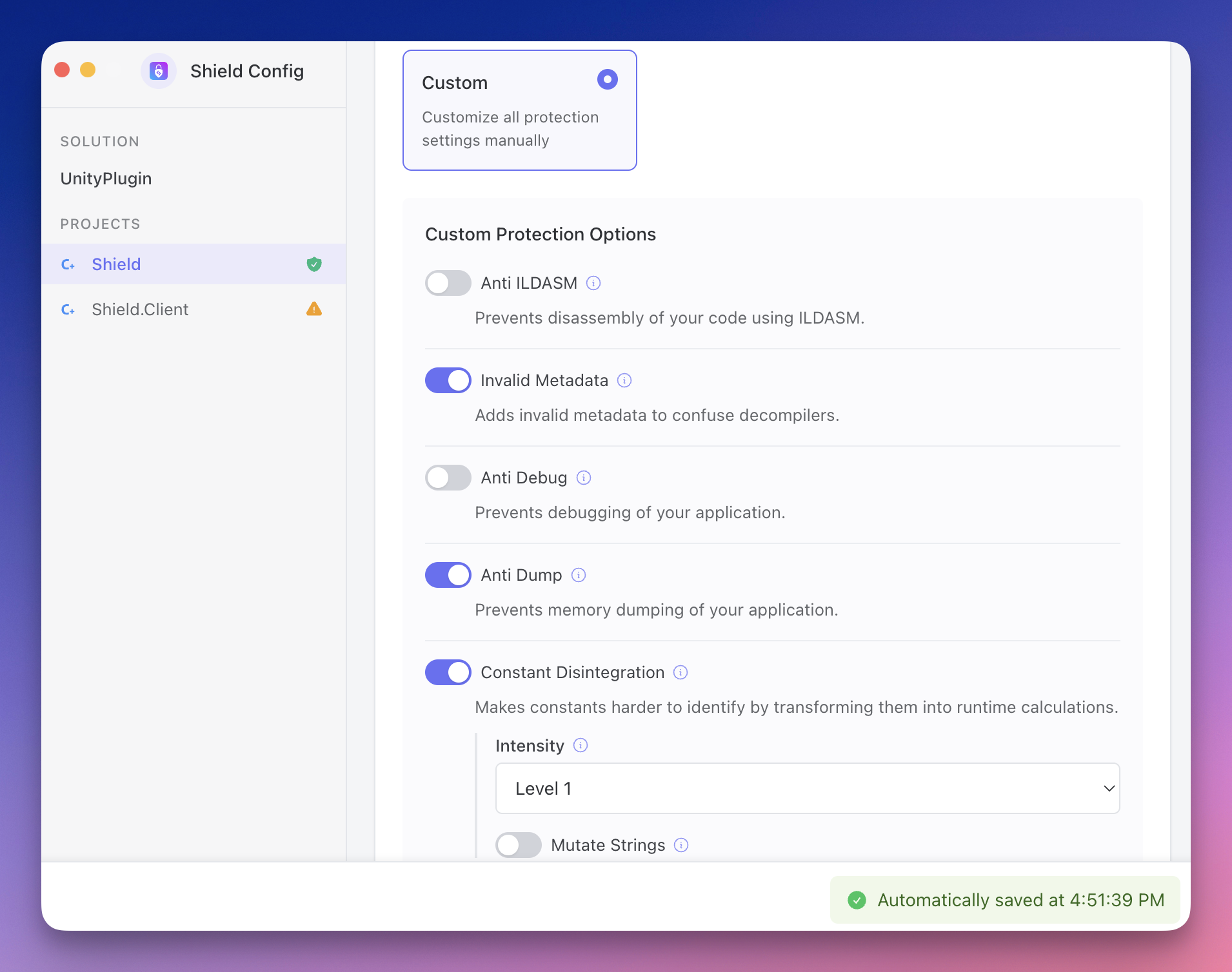 Protection Settings custom
