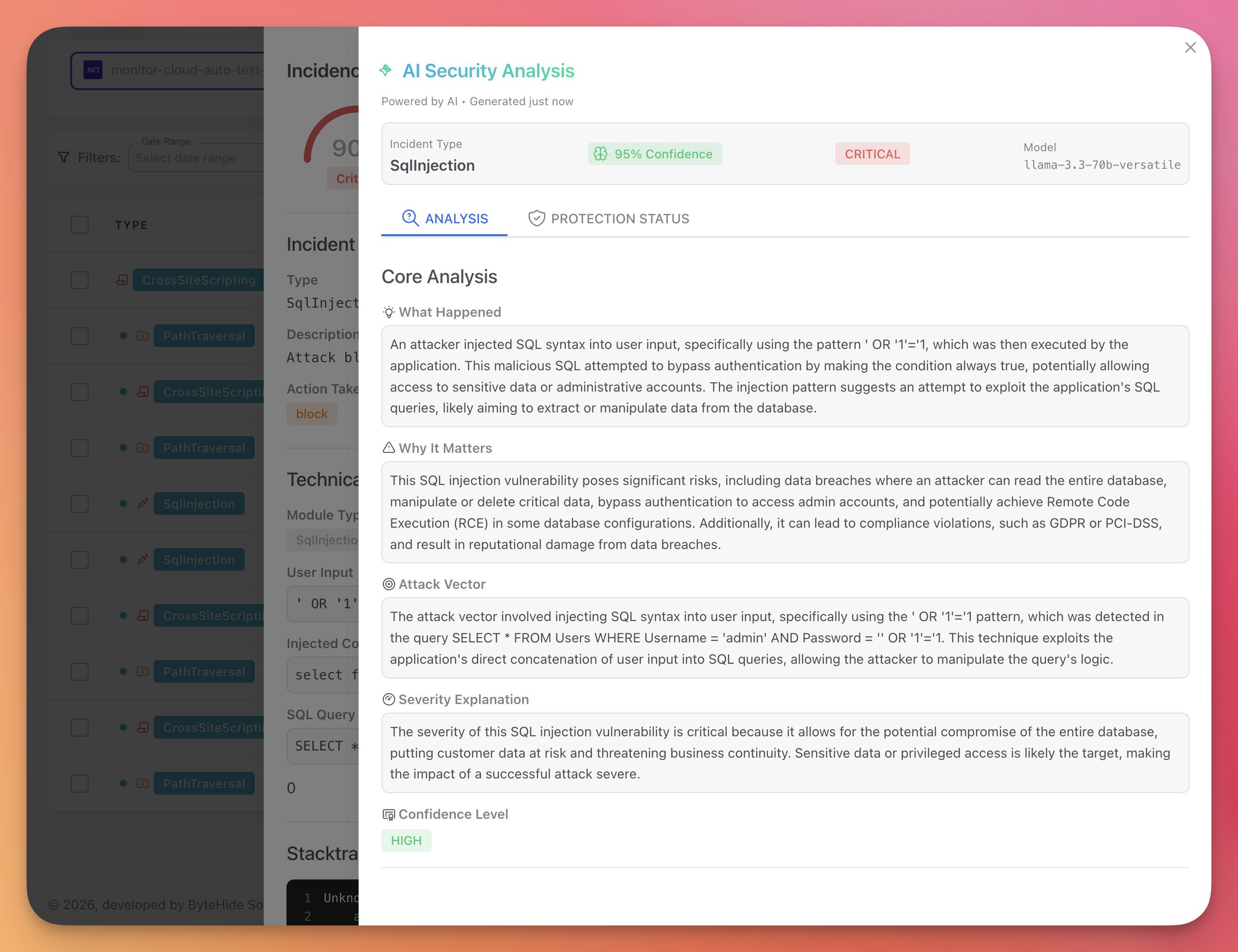 AI Security Analysis of the SQL Injection incident — explains the attack pattern, business impact (data breach, authentication bypass, compliance violations), and confirms high confidence level