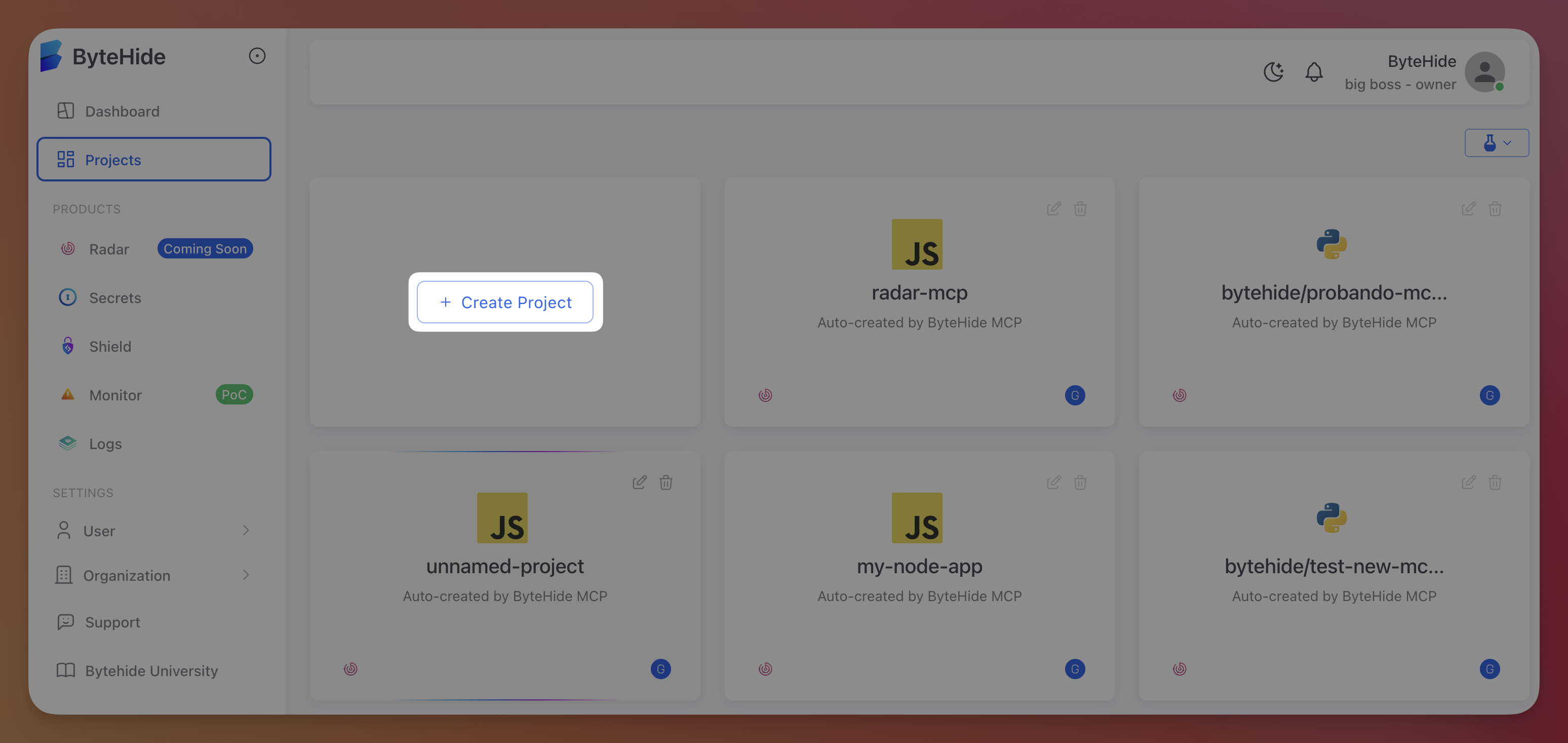 ByteHide Cloud dashboard with Create Project button to start a new Monitor project