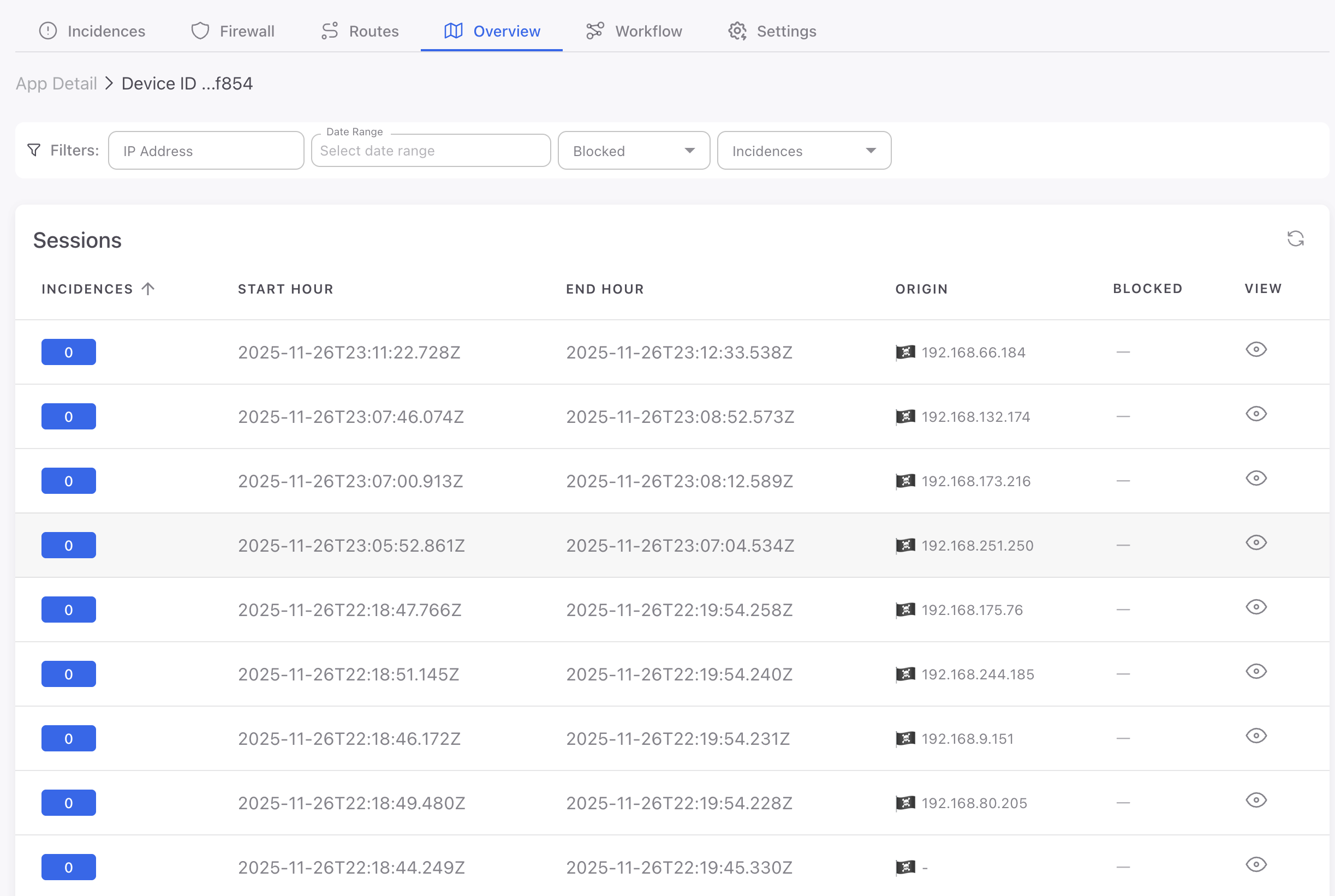 ByteHide Monitor device details showing individual device information and security status