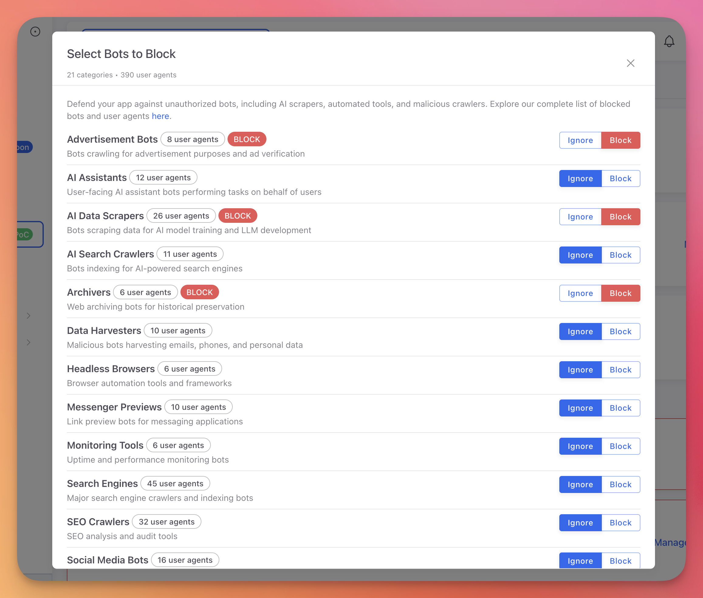 ByteHide Monitor bot blocking modal showing 21 bot categories with Block and Ignore toggles