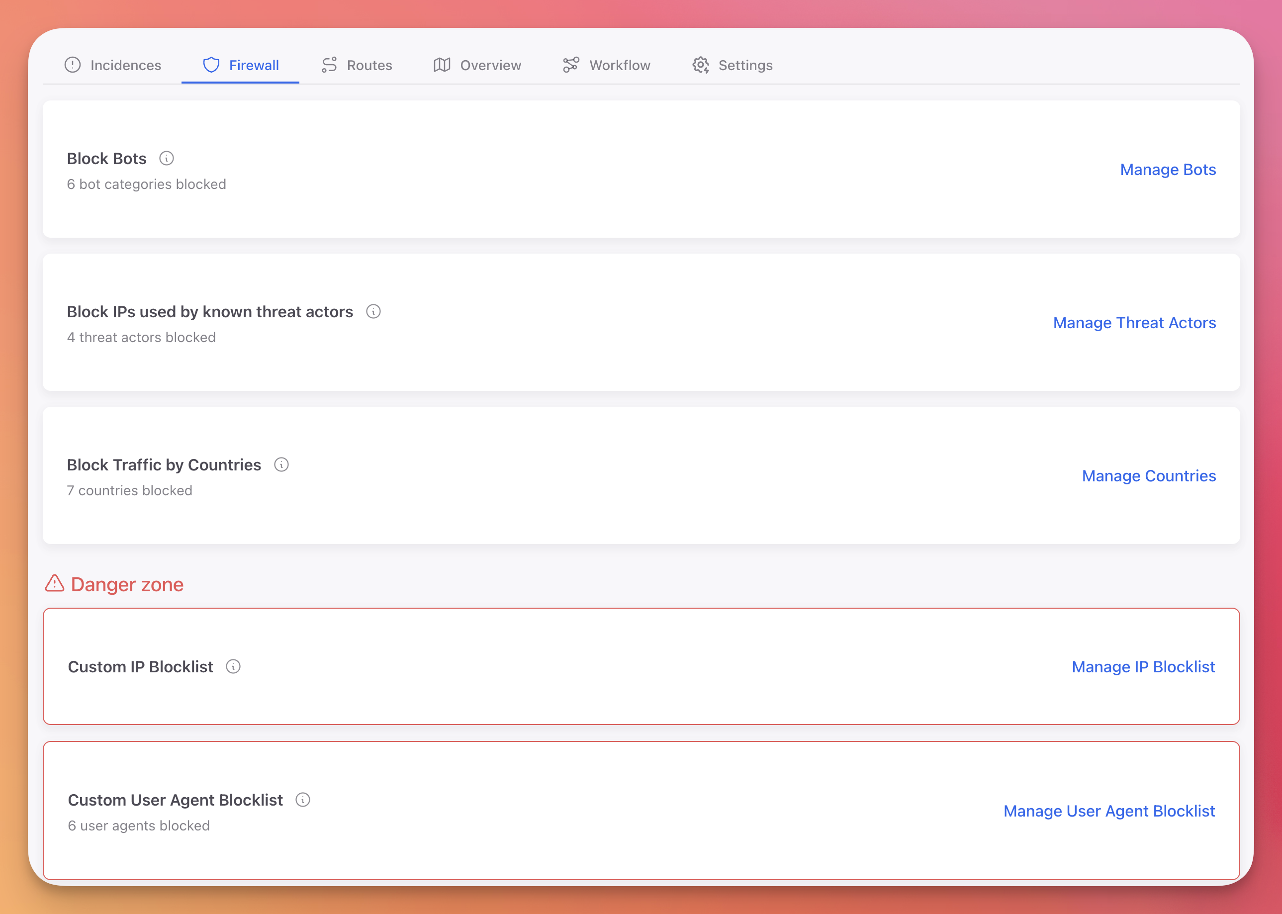 ByteHide Monitor Cloud Firewall showing Block Bots, Block Threat Actors, Block Countries cards and custom blocklist options