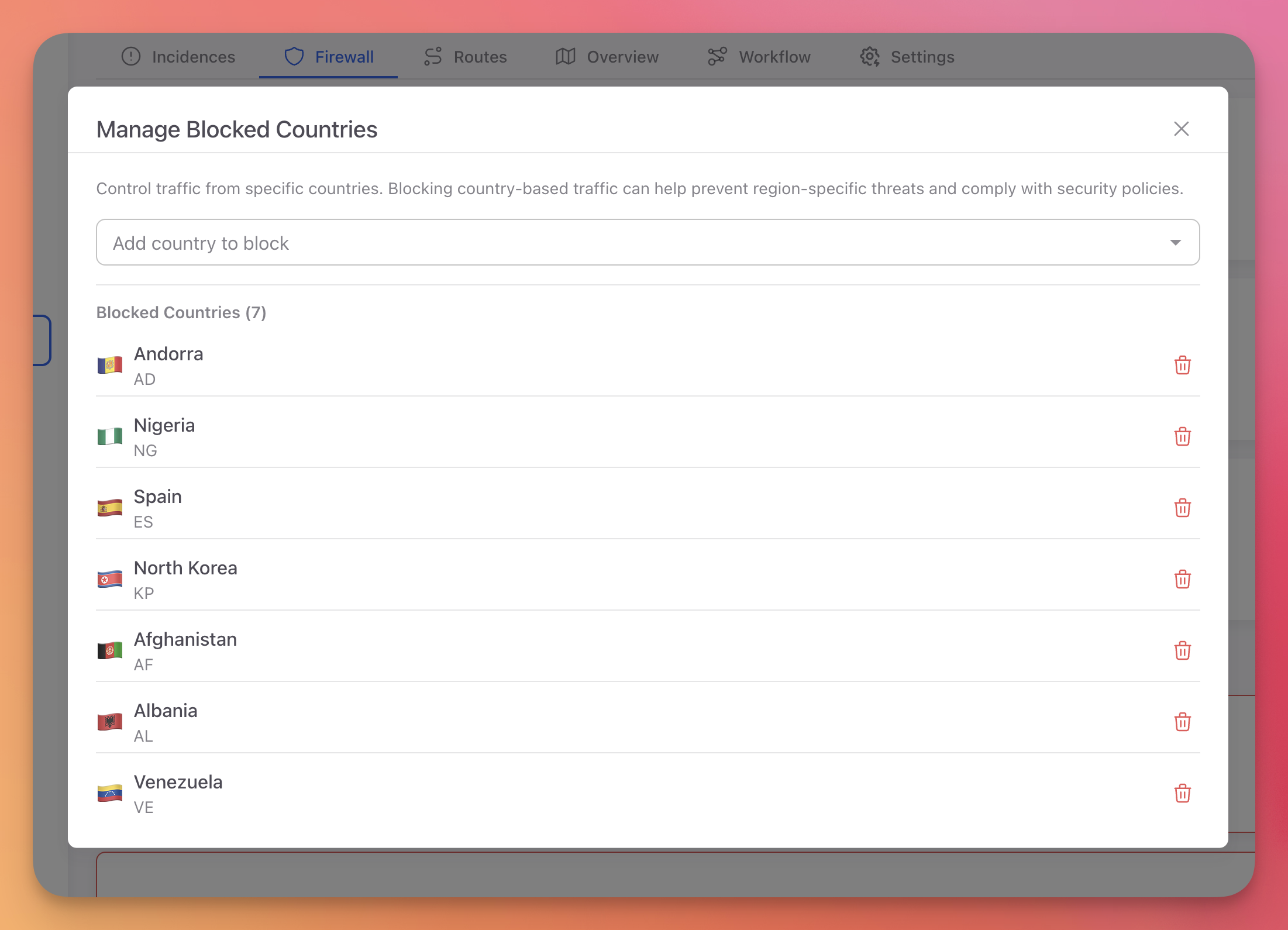 ByteHide Monitor country blocking modal showing searchable country list with flags and block toggles