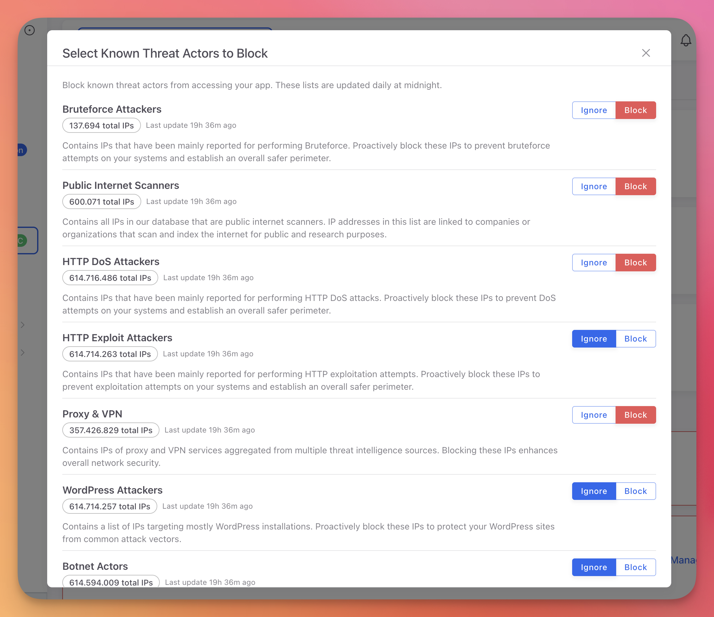 ByteHide Monitor threat actor feeds showing intelligence lists with IP counts and Block or Ignore options