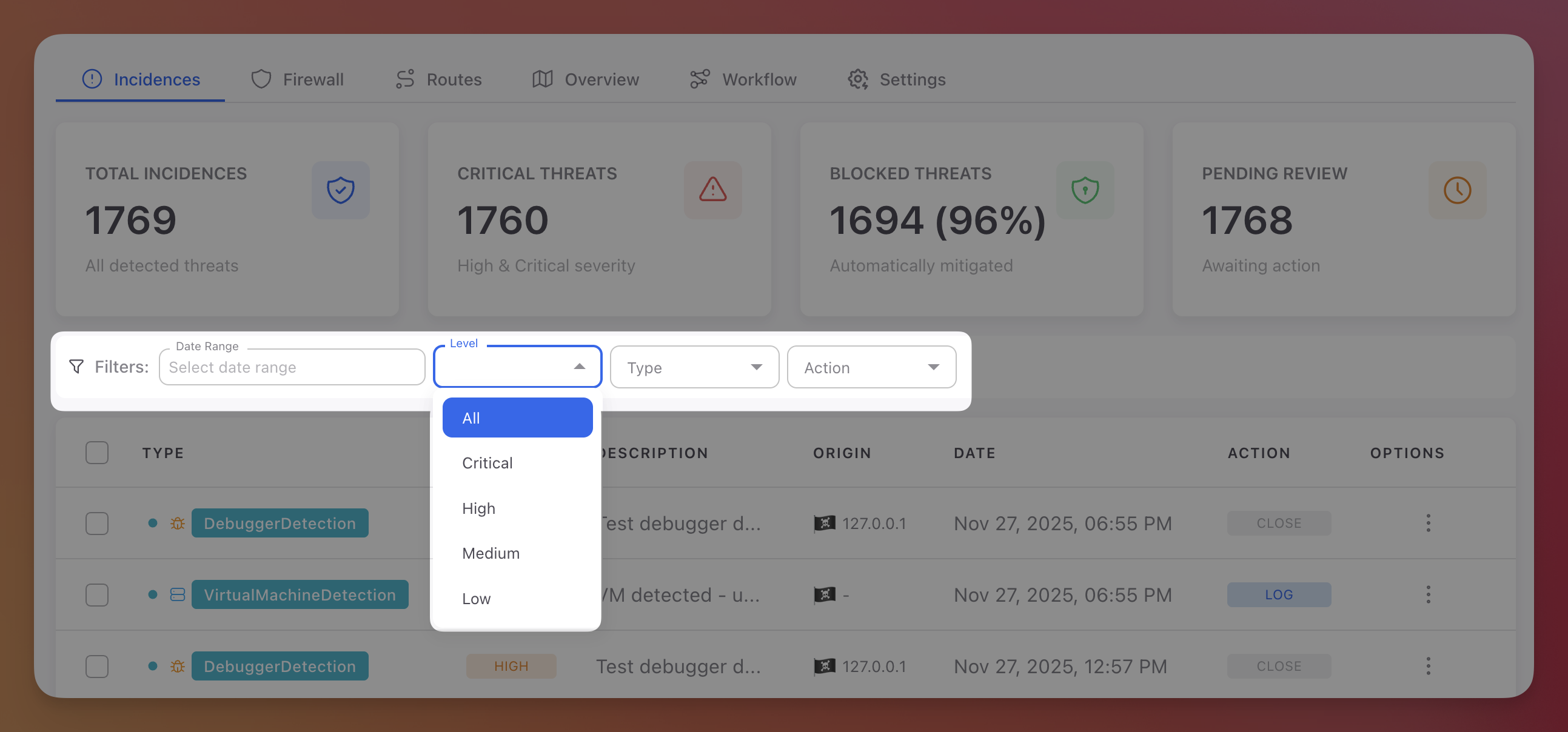 ByteHide Monitor incidence filters showing Date Range, Level, Type, and Action dropdown menus