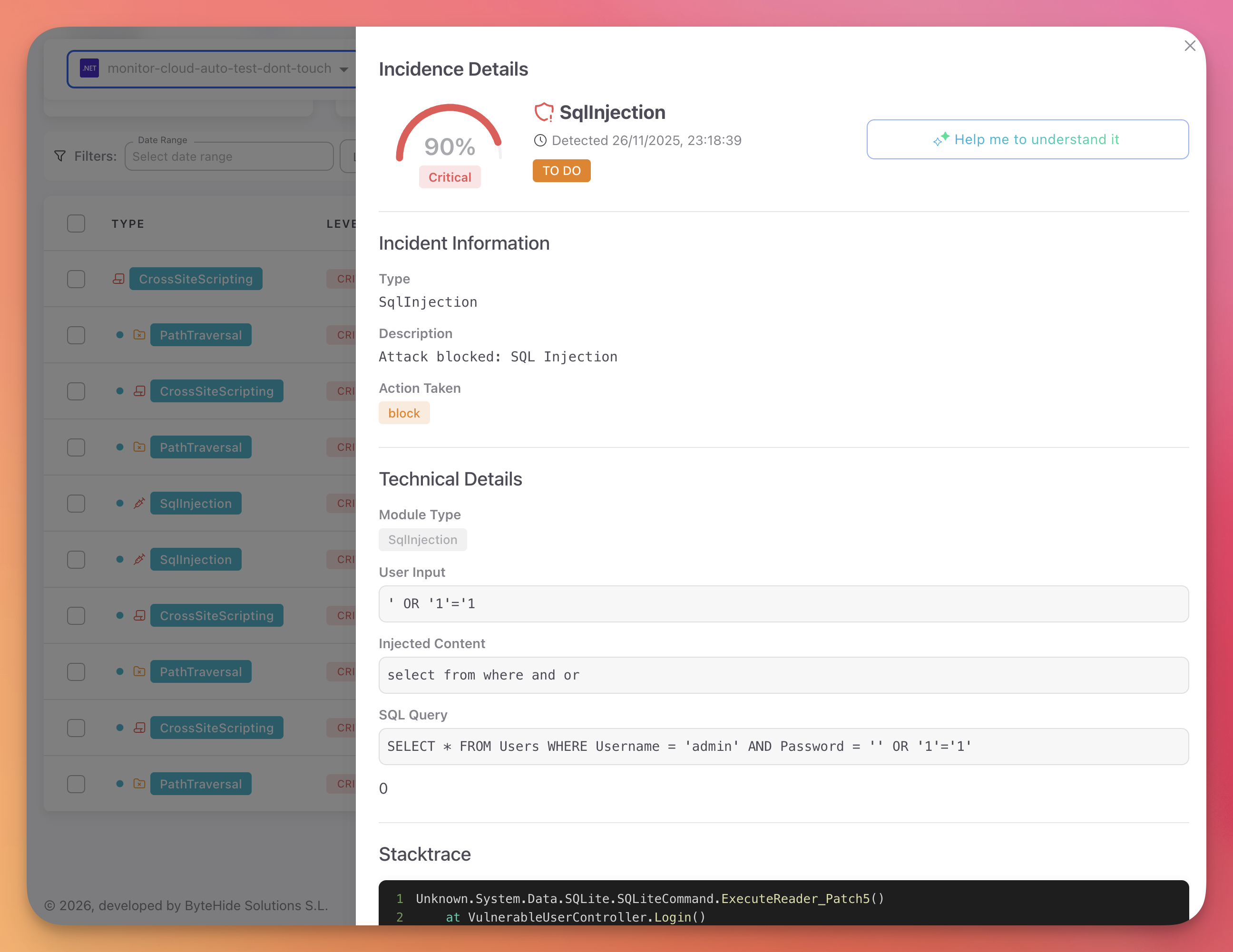 Monitor incident detail showing a SQL Injection attack — 90% confidence, Critical severity, with the actual payload (' OR '1'='1), the injected SQL query, and the stacktrace pointing to VulnerableUserController.Login()