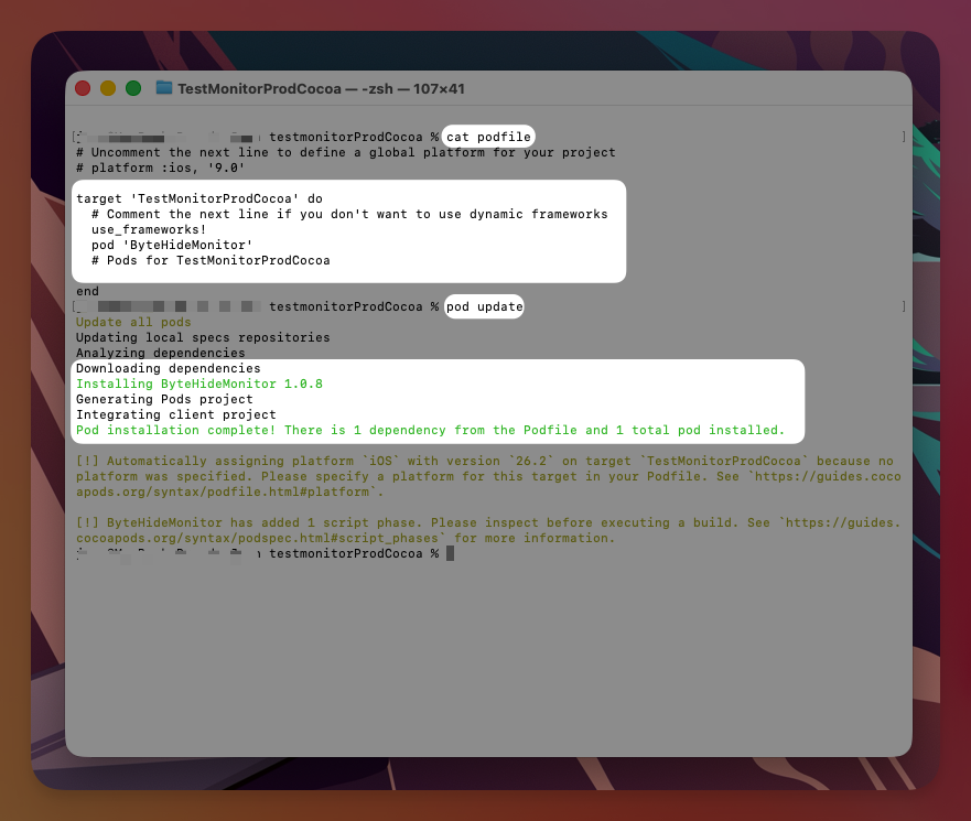 Terminal showing pod install downloading ByteHideMonitor 1.0.8 and completing successfully