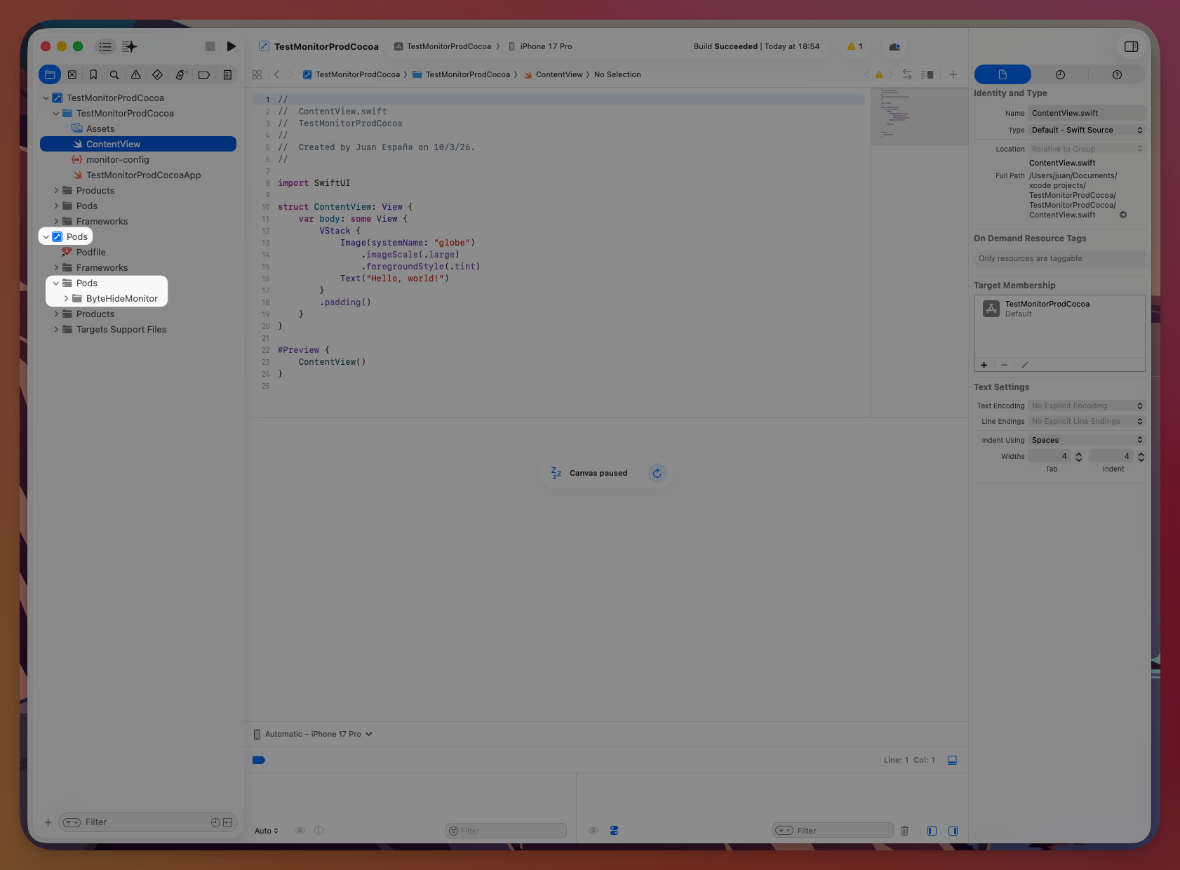 Xcode project with ByteHideMonitor CocoaPods installed and running