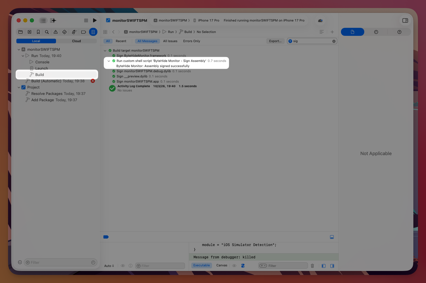 Xcode build log showing ByteHide Monitor Assembly signed successfully