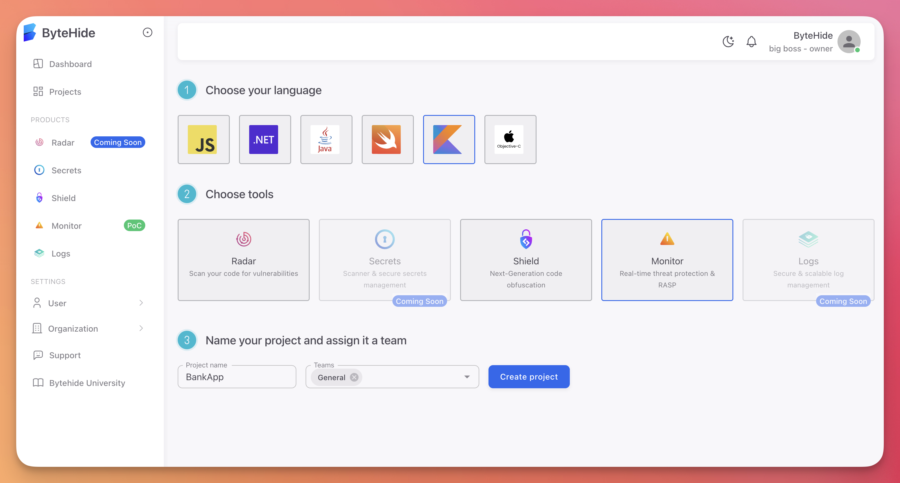 ByteHide project creation modal showing language and product selection with Monitor highlighted