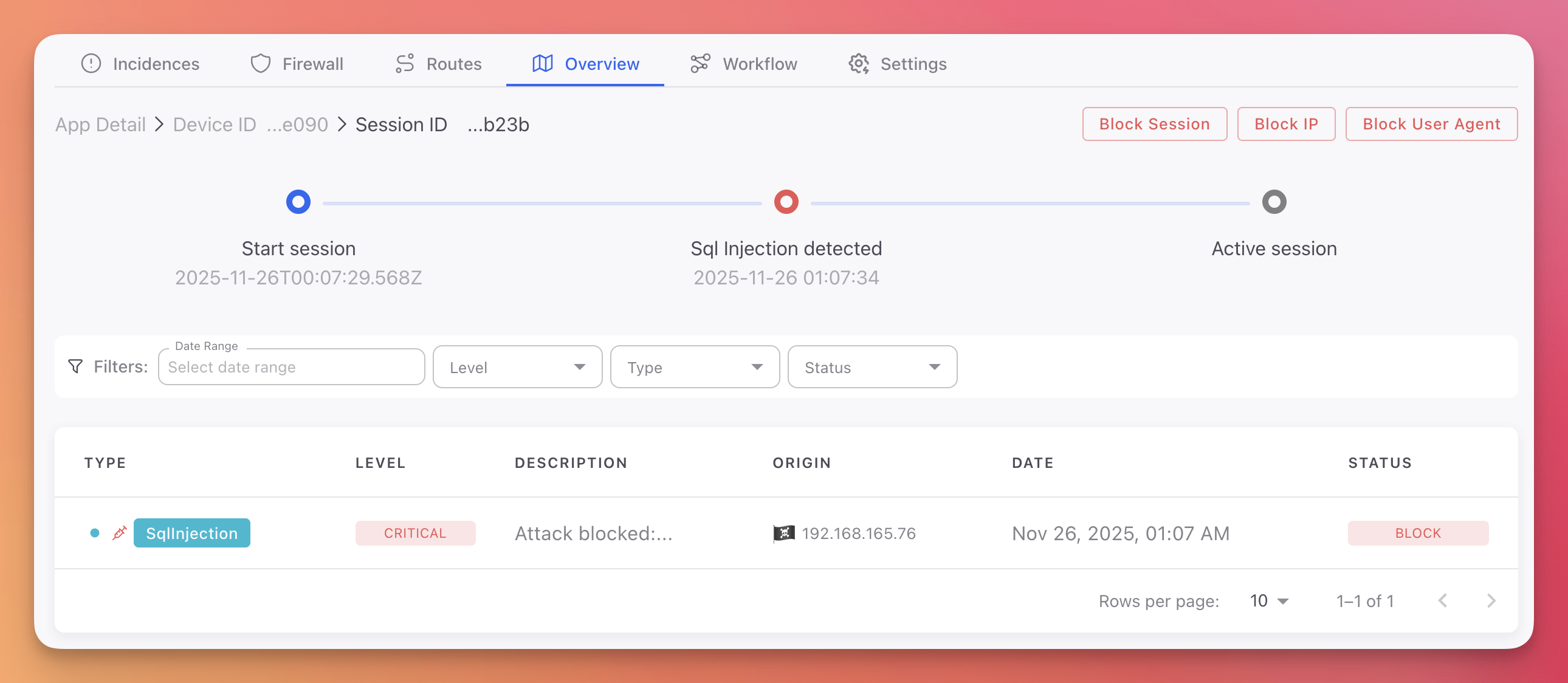 ByteHide Monitor session details showing session information and activity timeline
