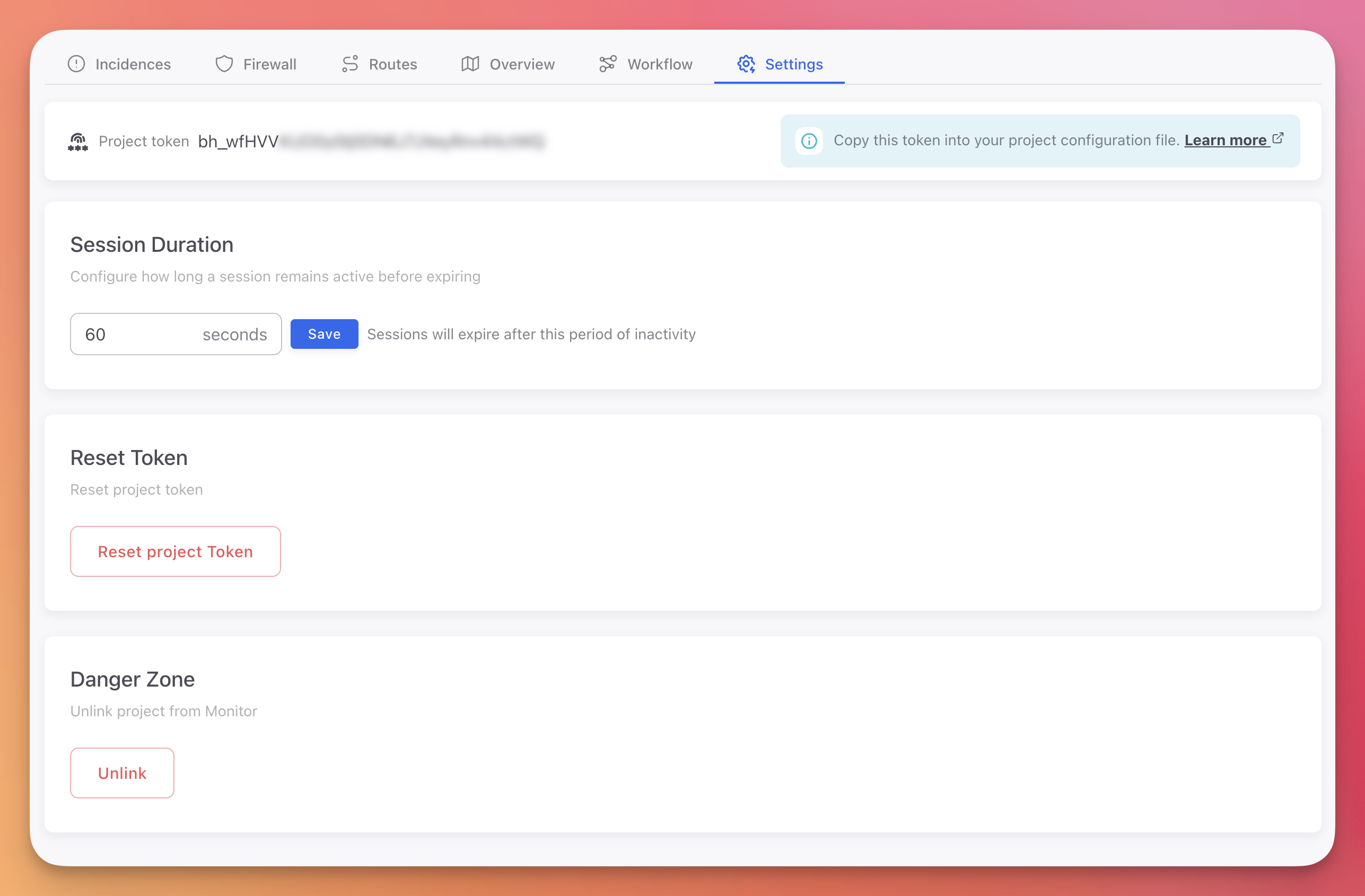 ByteHide Monitor project settings showing project token, session duration configuration, and token reset options