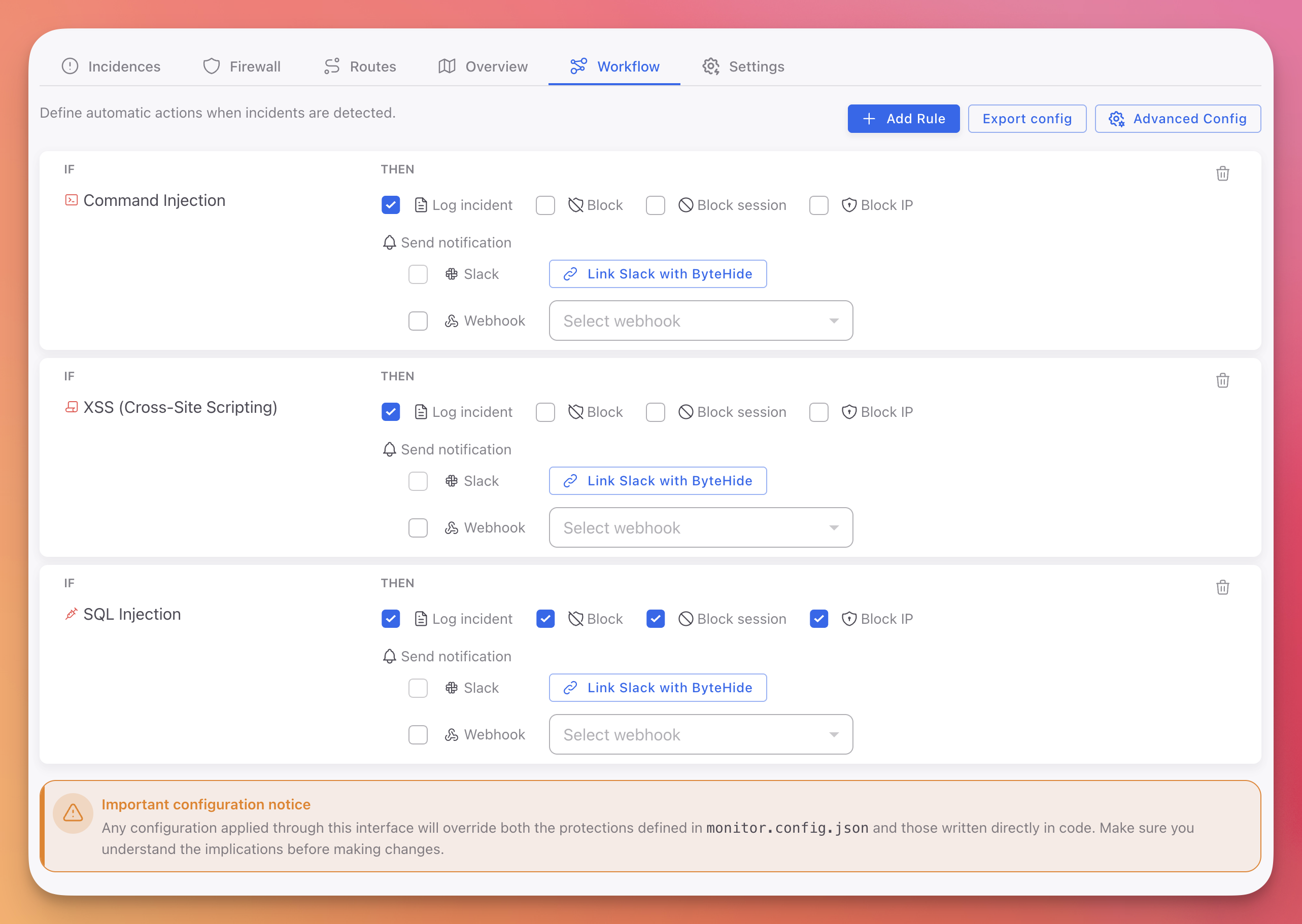 ByteHide Monitor Workflow rules showing IF/THEN configuration with Log, Block, Block session, and Block IP actions