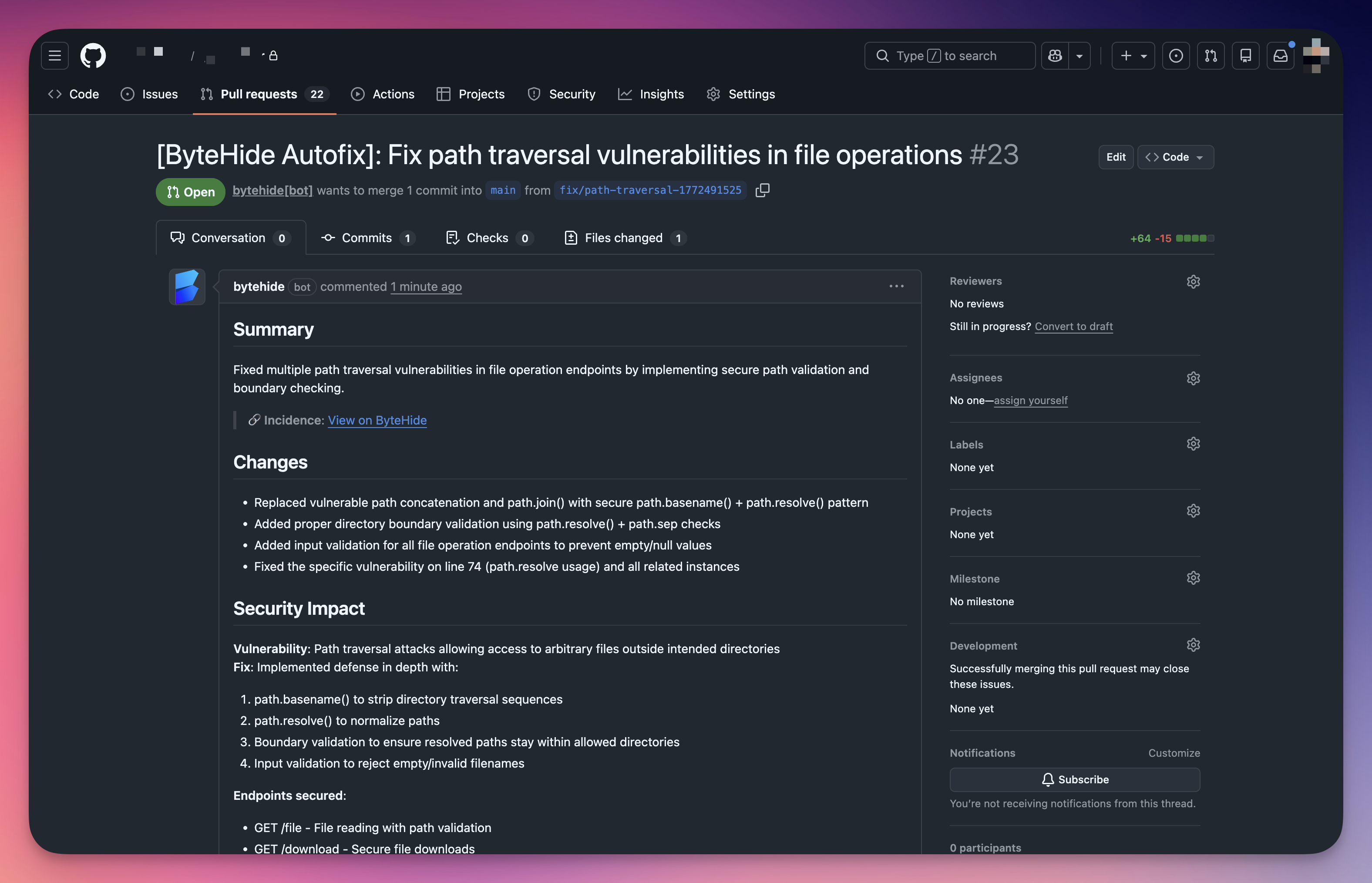 GitHub pull request created by ByteHide Autofix for a SAST finding showing title Fix path traversal vulnerabilities in file operations, with Summary, Changes list describing replaced vulnerable path concatenation with secure path.basename and path.resolve pattern, added boundary validation, Security Impact analysis listing defense in depth measures, and Endpoints secured list