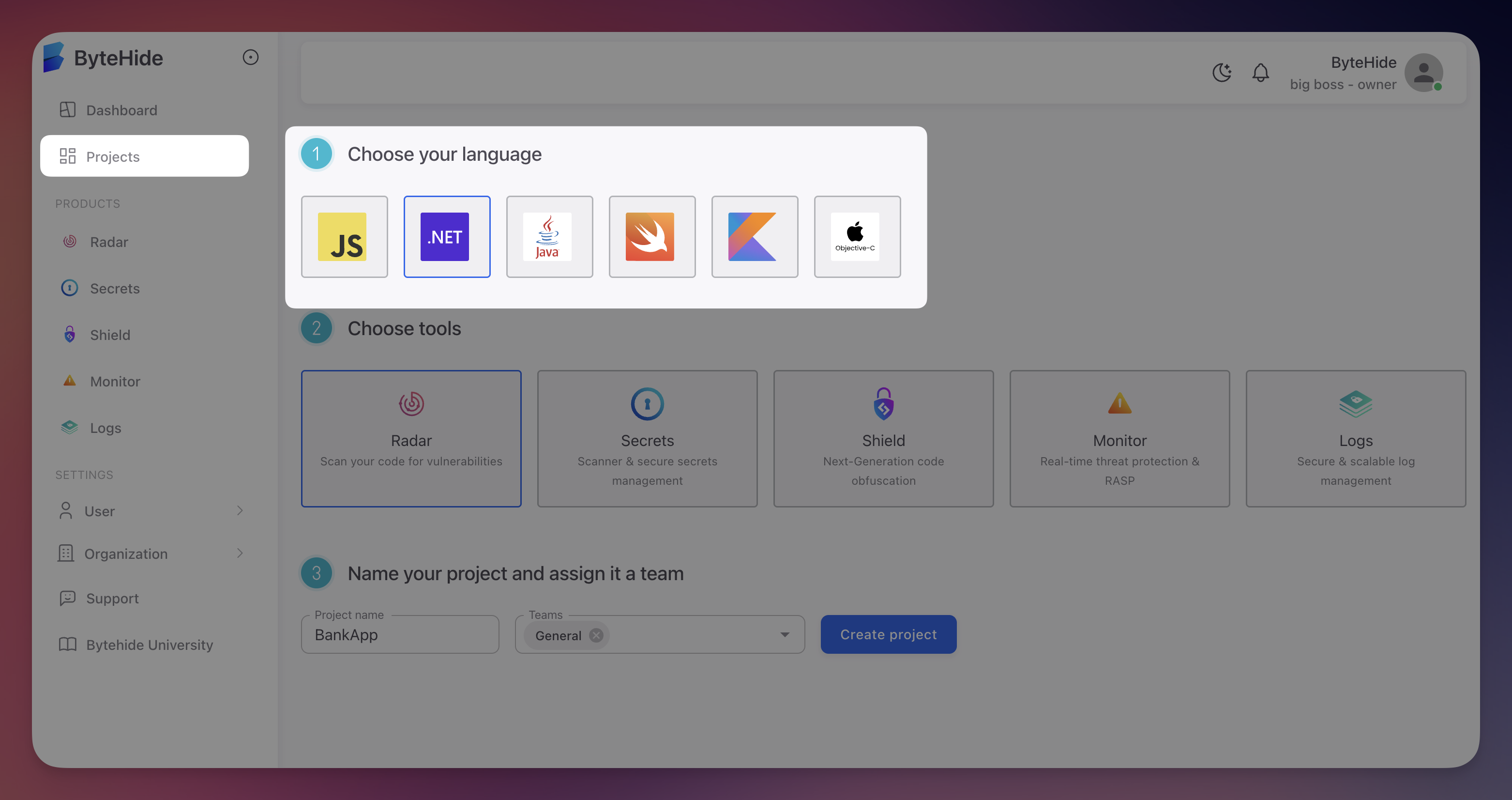 Create project step 1 showing language selection grid with JavaScript, .NET, Java, Swift, Kotlin, and Objective-C options