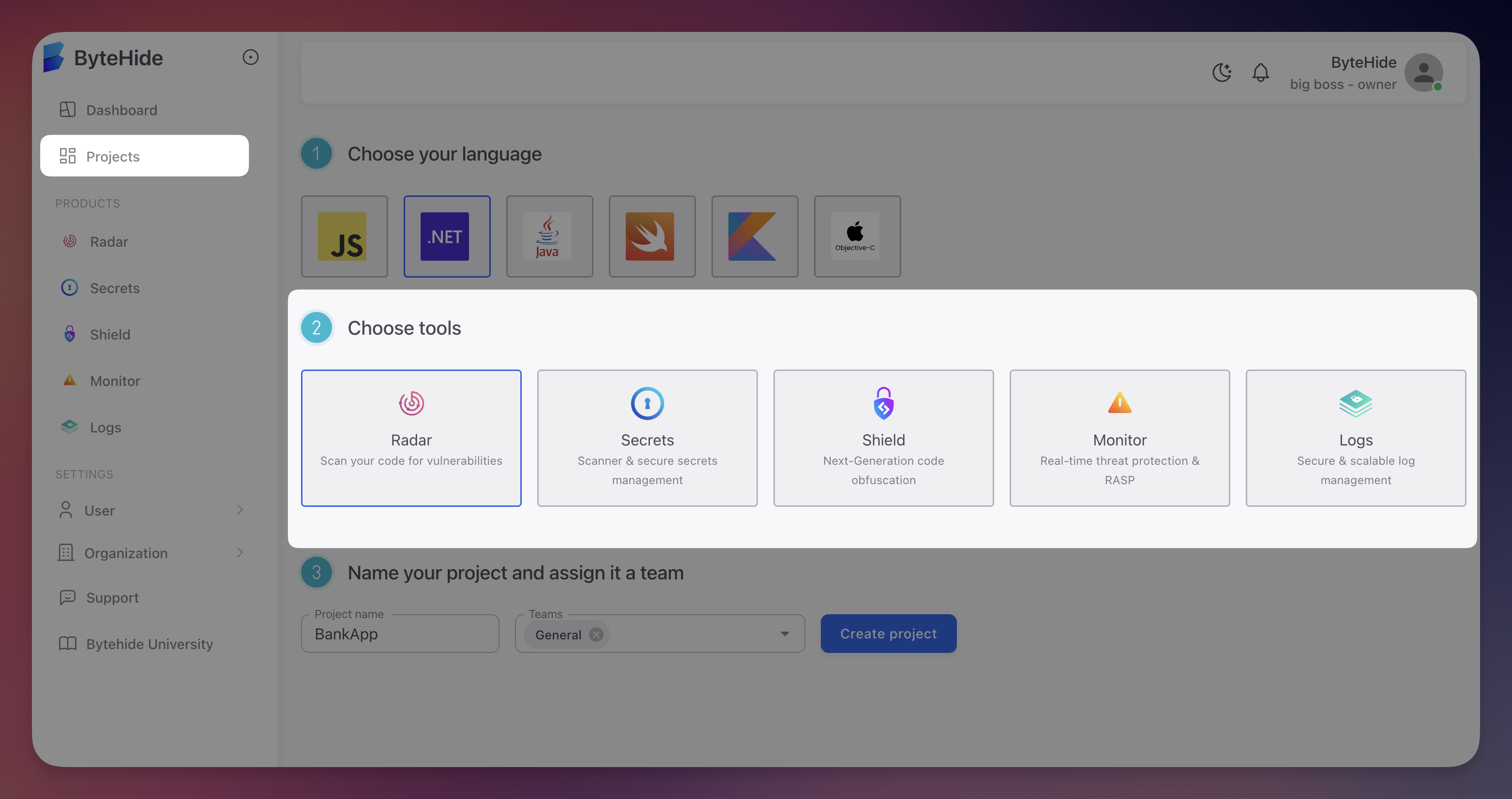 Create project step 2 showing tool selection with Radar, Secrets, Shield, Monitor, and Logs options
