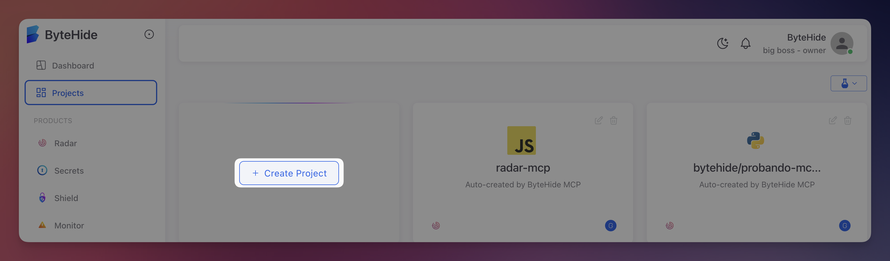 ByteHide Cloud projects dashboard showing existing projects and the Create Project button