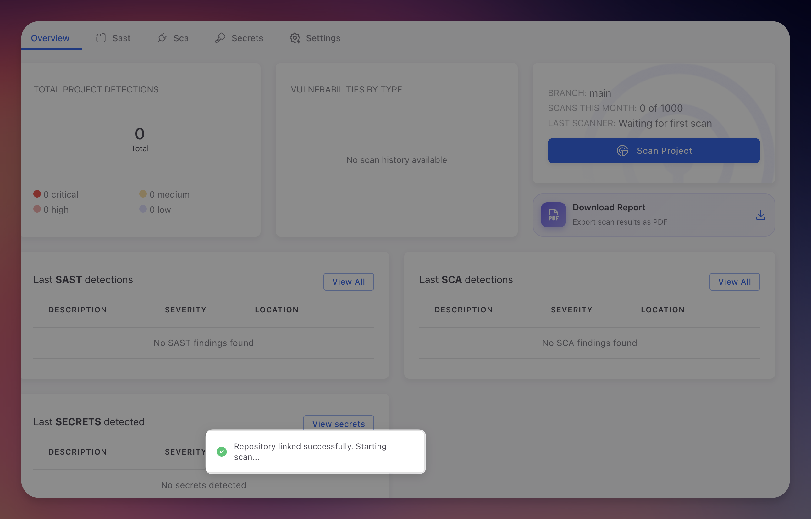 ByteHide Radar Overview dashboard showing empty state with 0 detections and a Repository linked successfully toast notification
