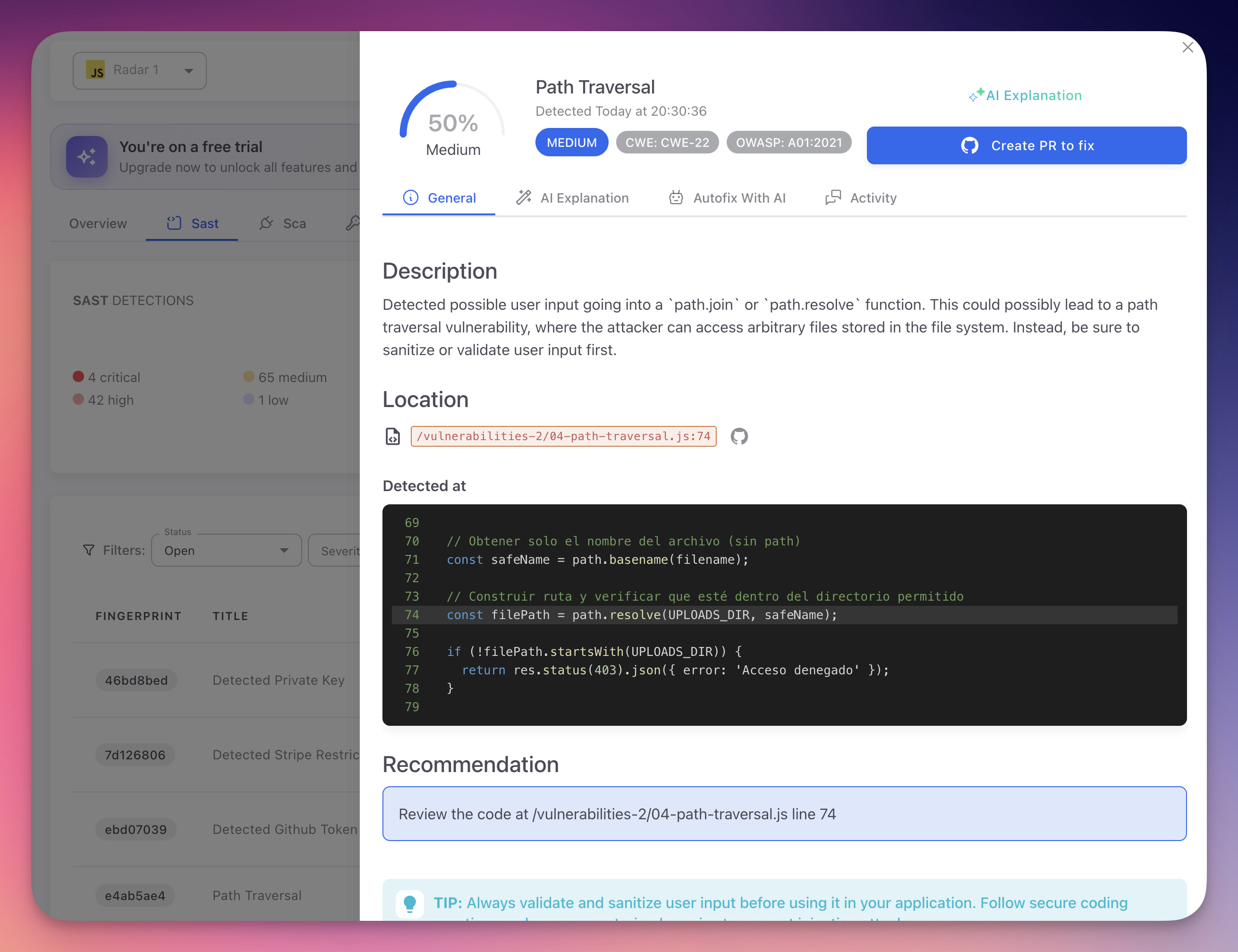 ByteHide Radar SAST finding detail showing CWE-22 and OWASP A01:2021 badges with confidence score and Create PR to fix button