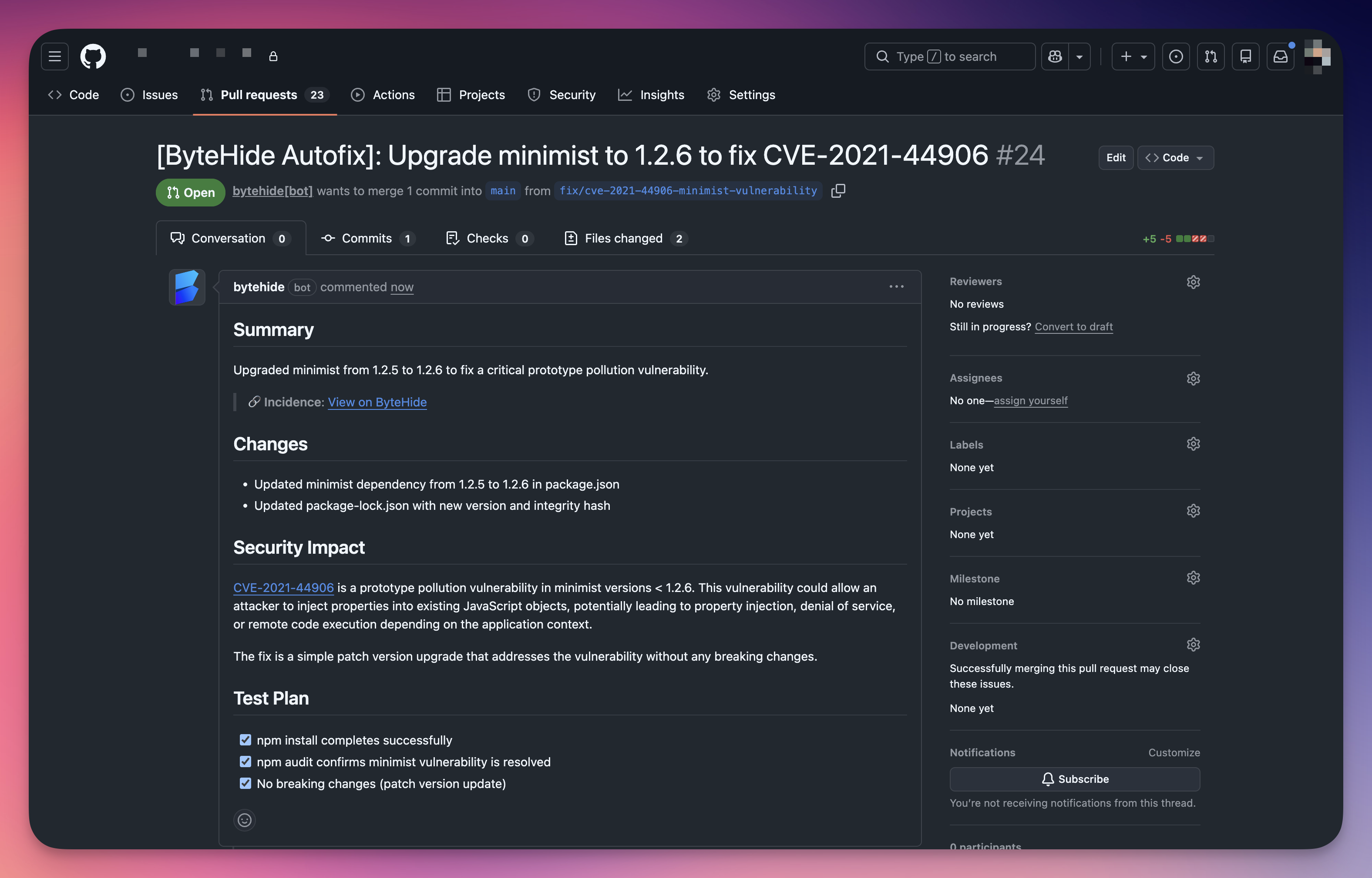 GitHub pull request created by ByteHide Autofix for SCA finding showing Upgrade minimist from 1.2.5 to 1.2.6 to fix CVE-2021-44906, with Summary, Changes list, Security Impact explaining the prototype pollution vulnerability, and Test Plan checklist with npm install, npm audit, and no breaking changes checks