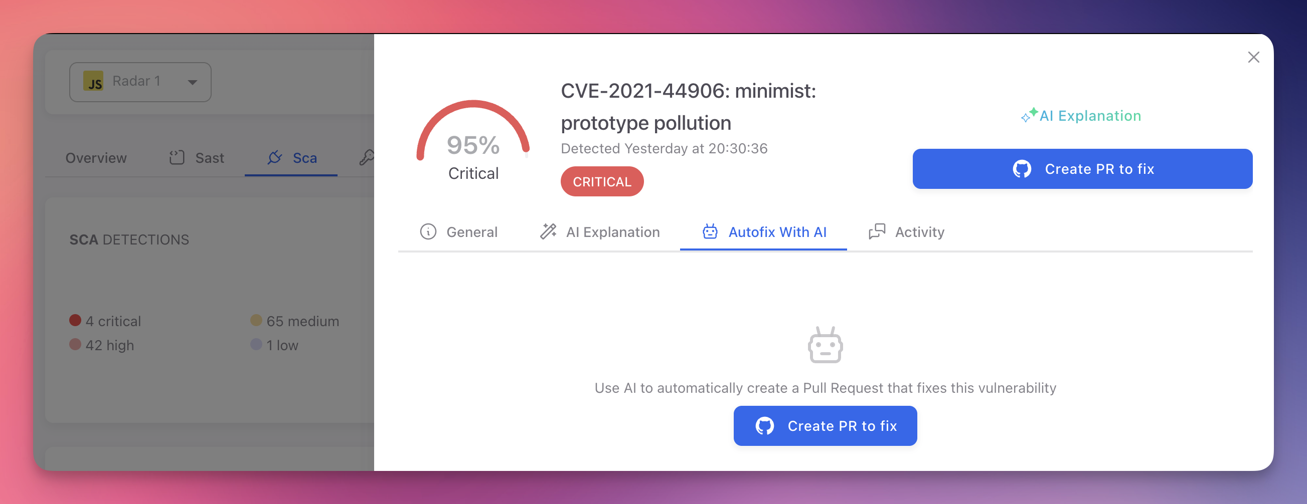 ByteHide Radar SCA finding detail showing CVE-2021-44906 minimist prototype pollution vulnerability with 95% Critical severity, Autofix With AI tab selected, and Create PR to fix button