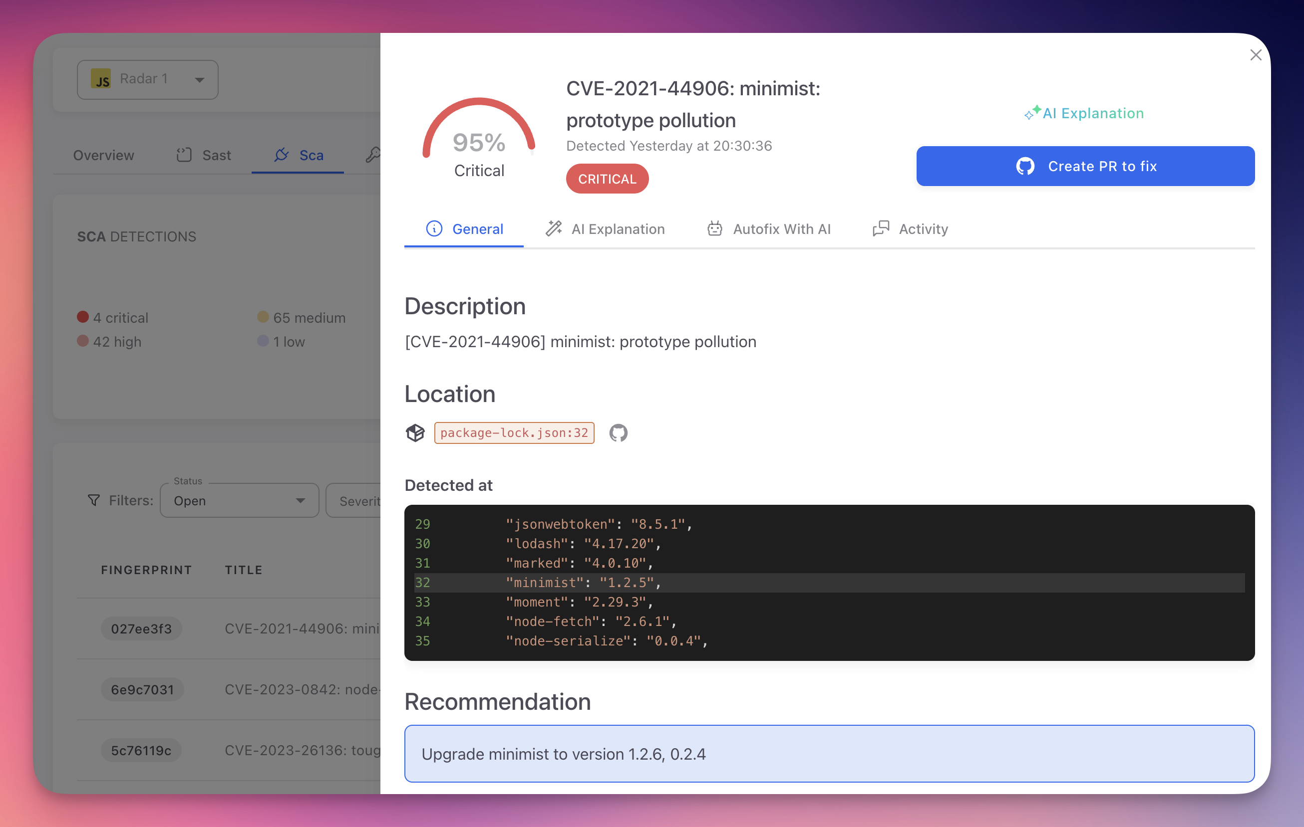 ByteHide Radar SCA finding detail showing CVE-2021-44906 minimist prototype pollution with 95% Critical confidence score, General tab active, description, location in package-lock.json with code snippet, and upgrade recommendation with Create PR to fix button