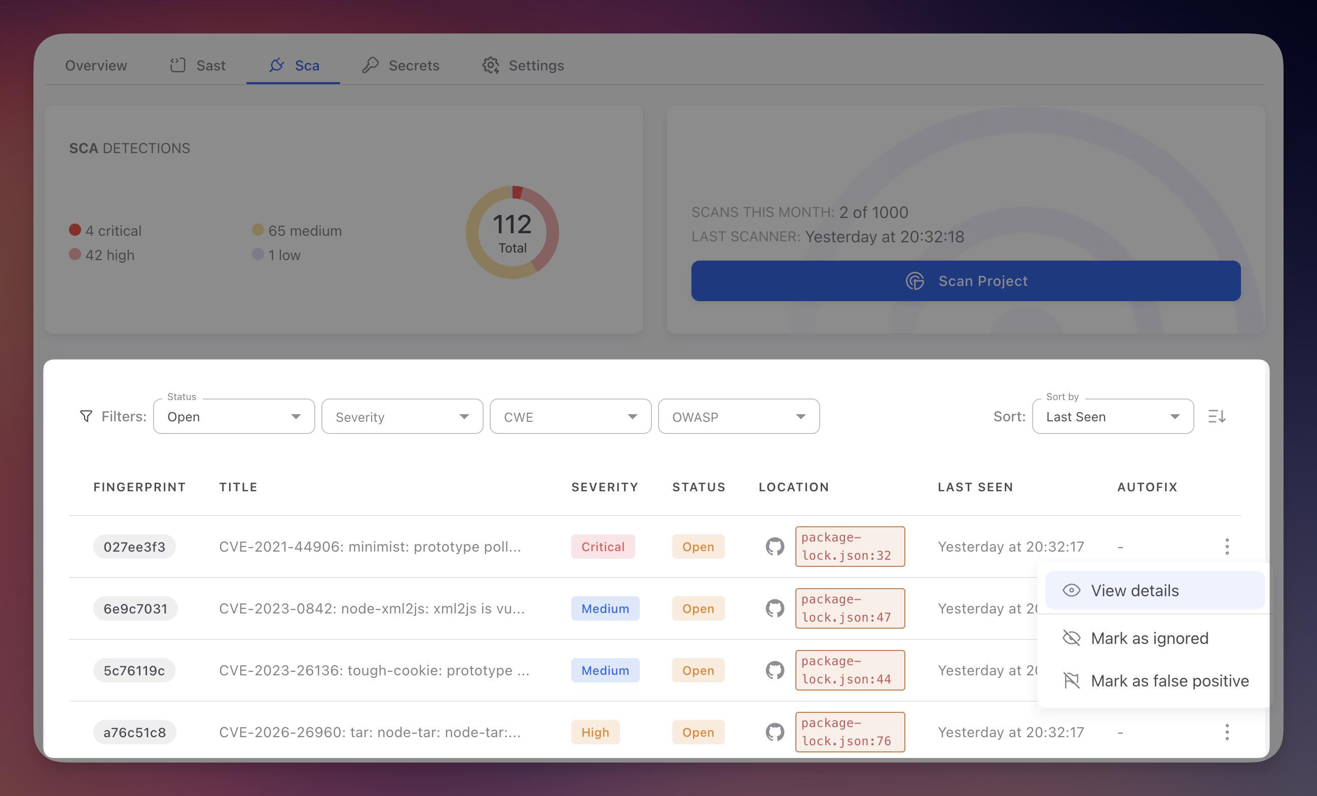 ByteHide Radar SCA findings table showing 112 total detections with severity breakdown, Status and Severity filters, CVE entries with fingerprint, title, severity badge, status, location in package-lock.json, and context menu with View details, Mark as ignored, and Mark as false positive options
