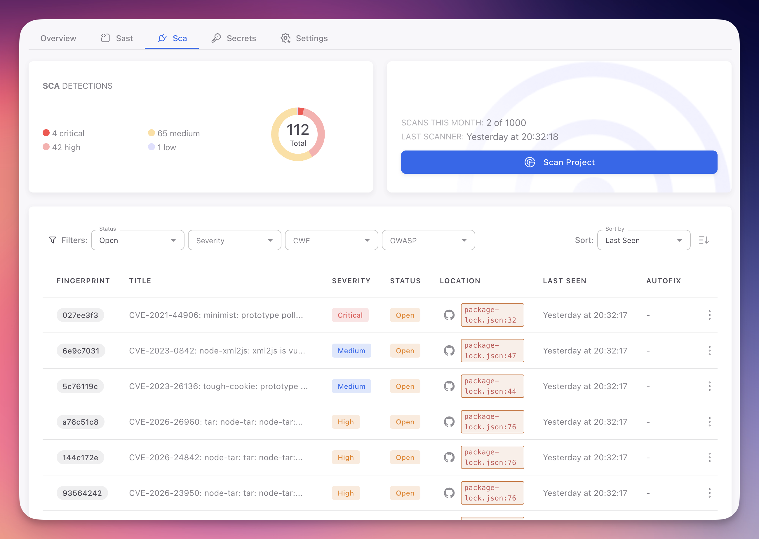 ByteHide Radar SCA tab showing 112 total detections with severity breakdown, findings table with CVE entries for minimist prototype pollution (Critical), node-xml2js, tough-cookie, and node-tar vulnerabilities, filtered by Open status