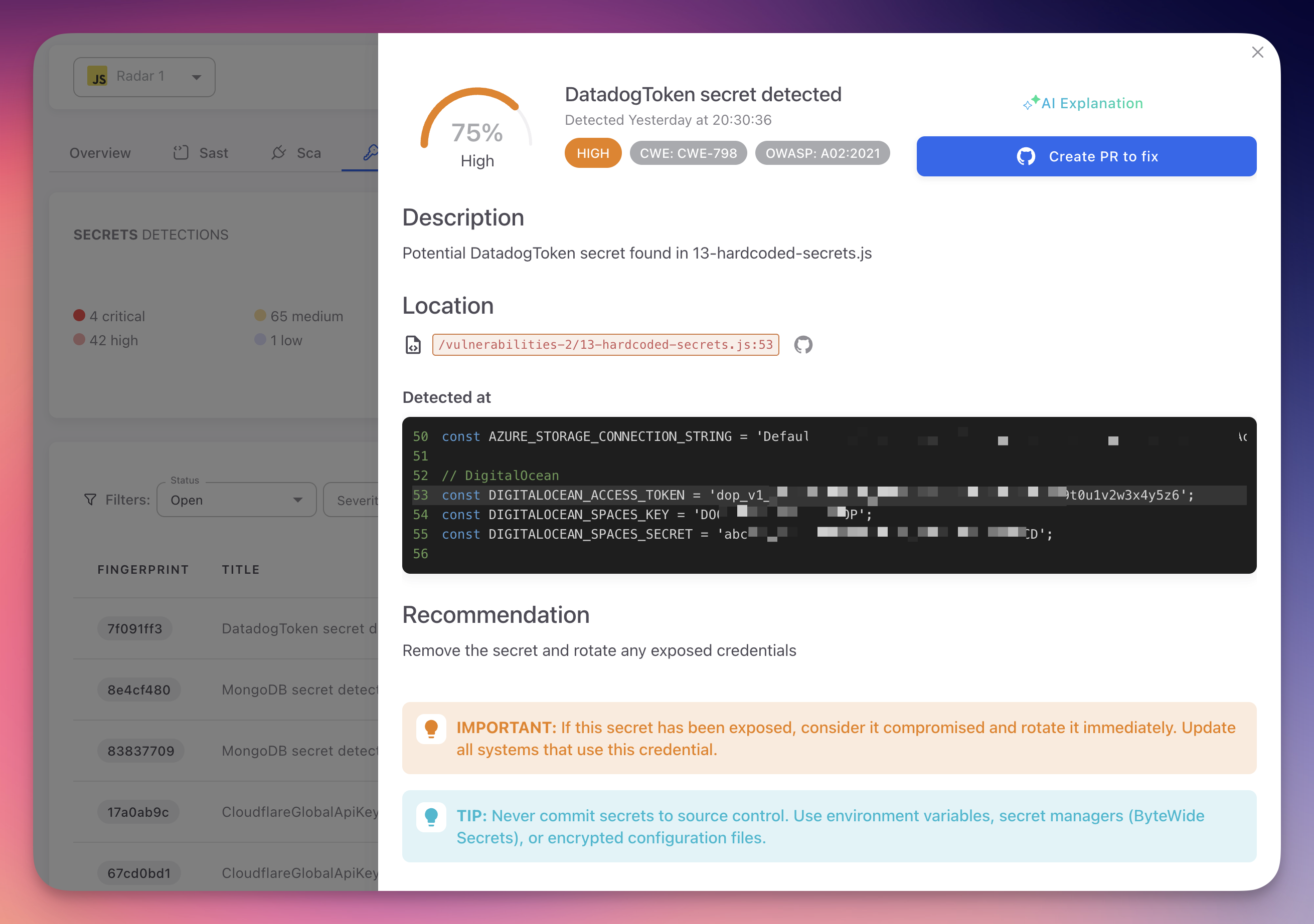 ByteHide Radar secret finding detail showing DatadogToken secret detected with 75% High confidence score, CWE-798 and OWASP A02:2021 badges, AI Explanation link, Create PR to fix button, description, file location with GitHub link, code snippet with partially masked credential values, and rotation recommendation