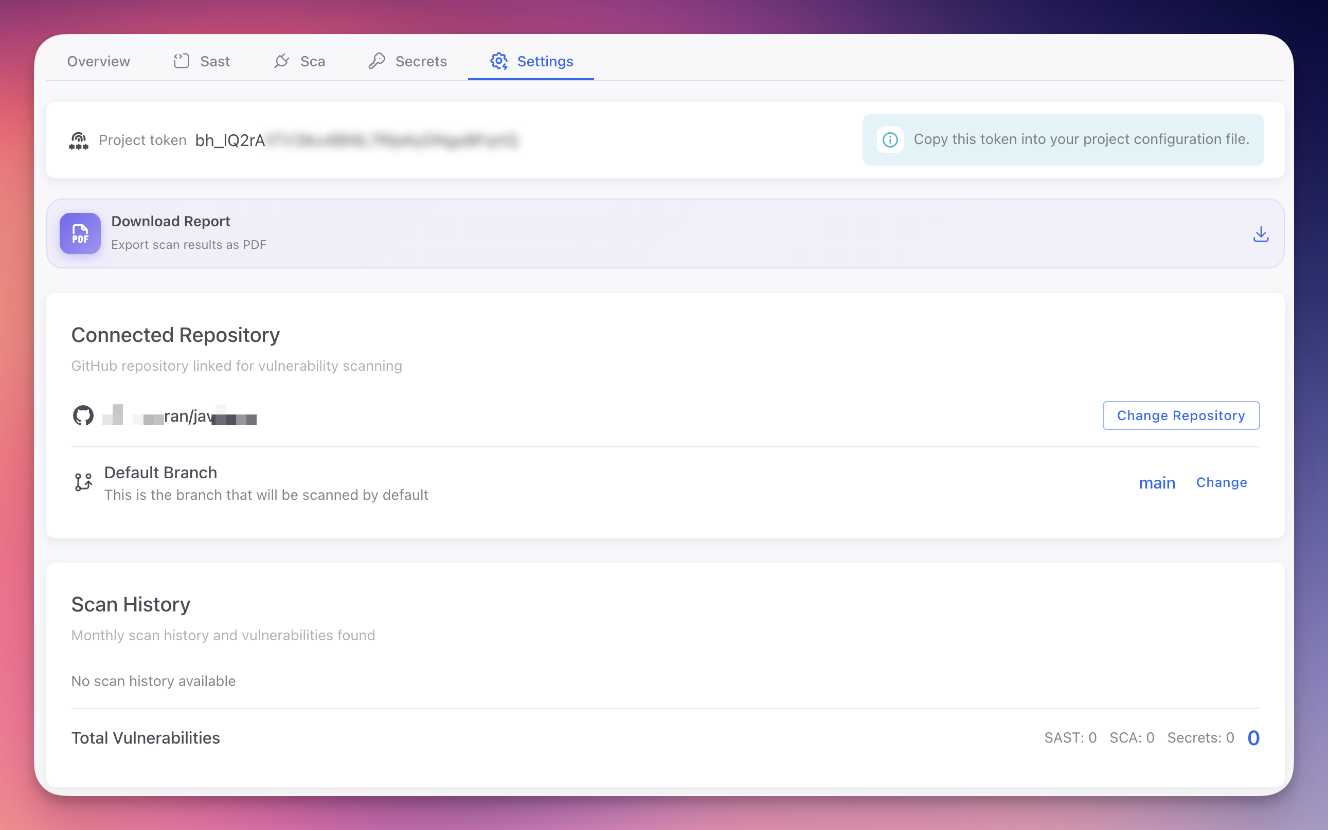 ByteHide Radar Settings tab showing connected repository with Change Repository button and Default Branch selector with main selected