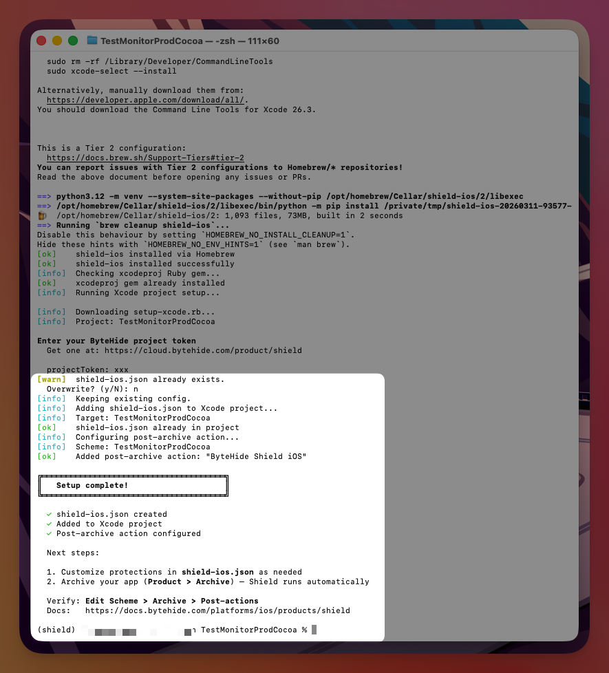 Setup script completed — configuration created and Xcode project configured