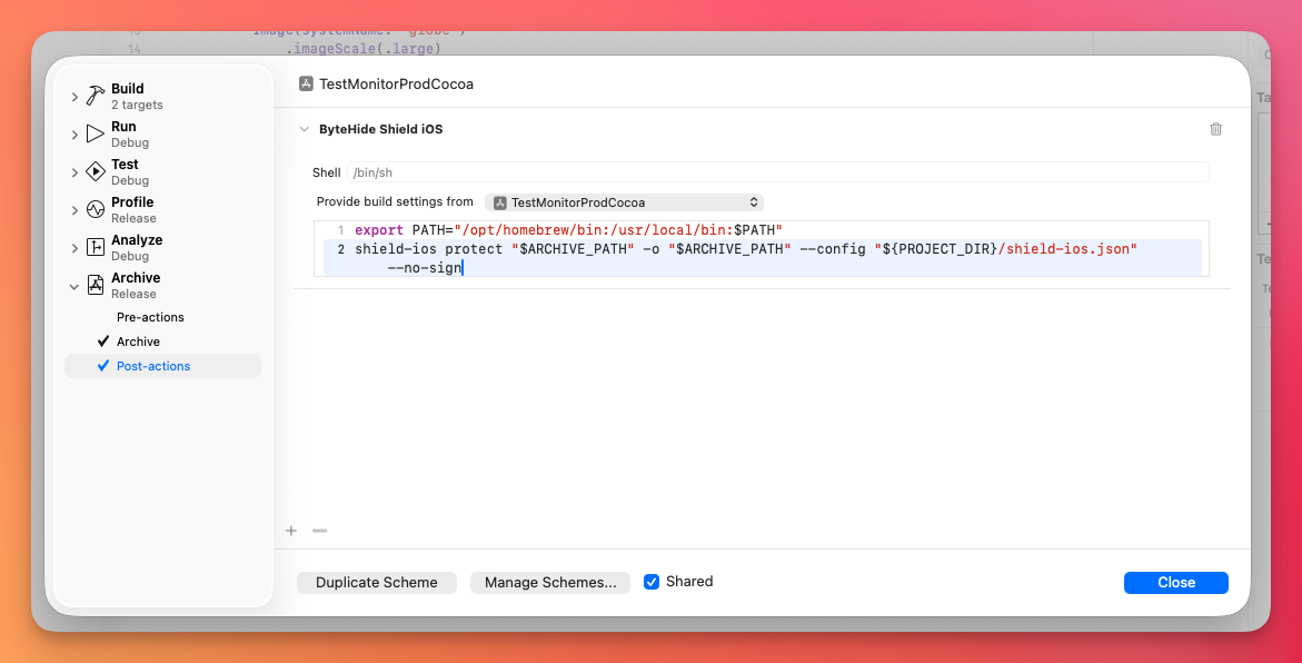 Post-archive action configured with Shield iOS script